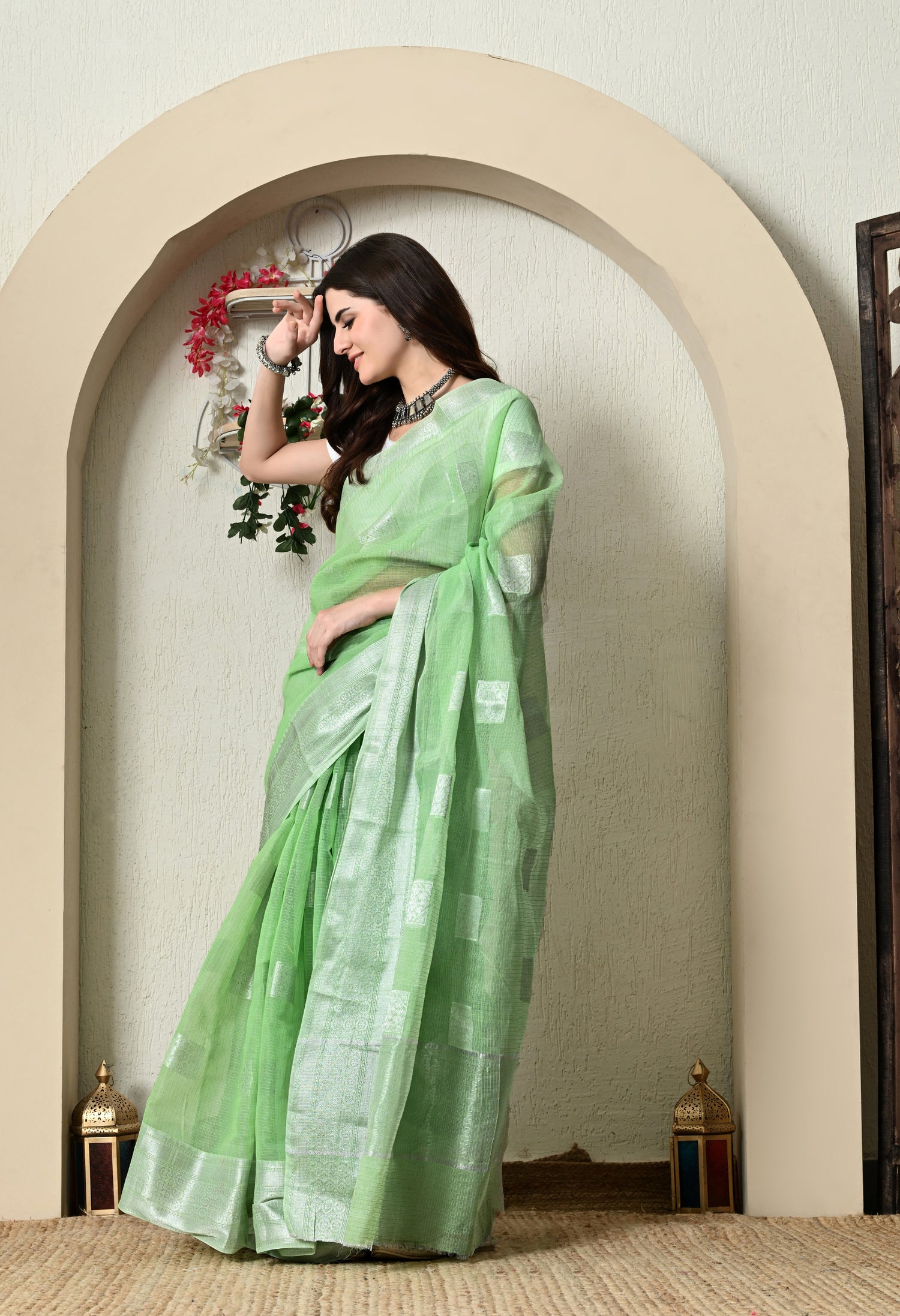 Green Cotton Saree in Kota Doria Weaving Style. Intricate Design with Silver Border Design. Very Comfortable Fabric