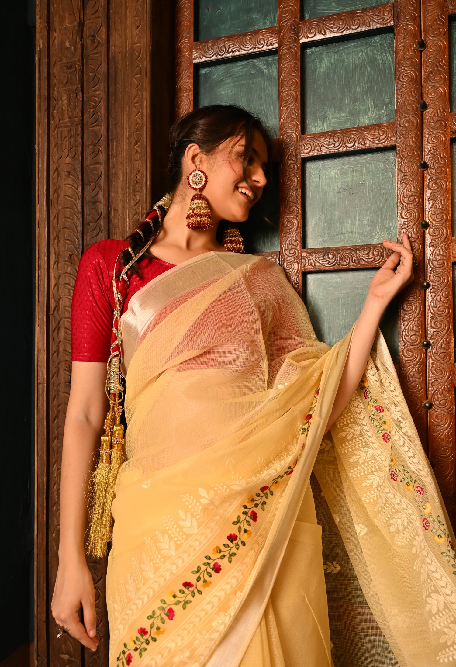 Yellow Cotton Saree with great embroidery work made from Kota Doria weaving Style