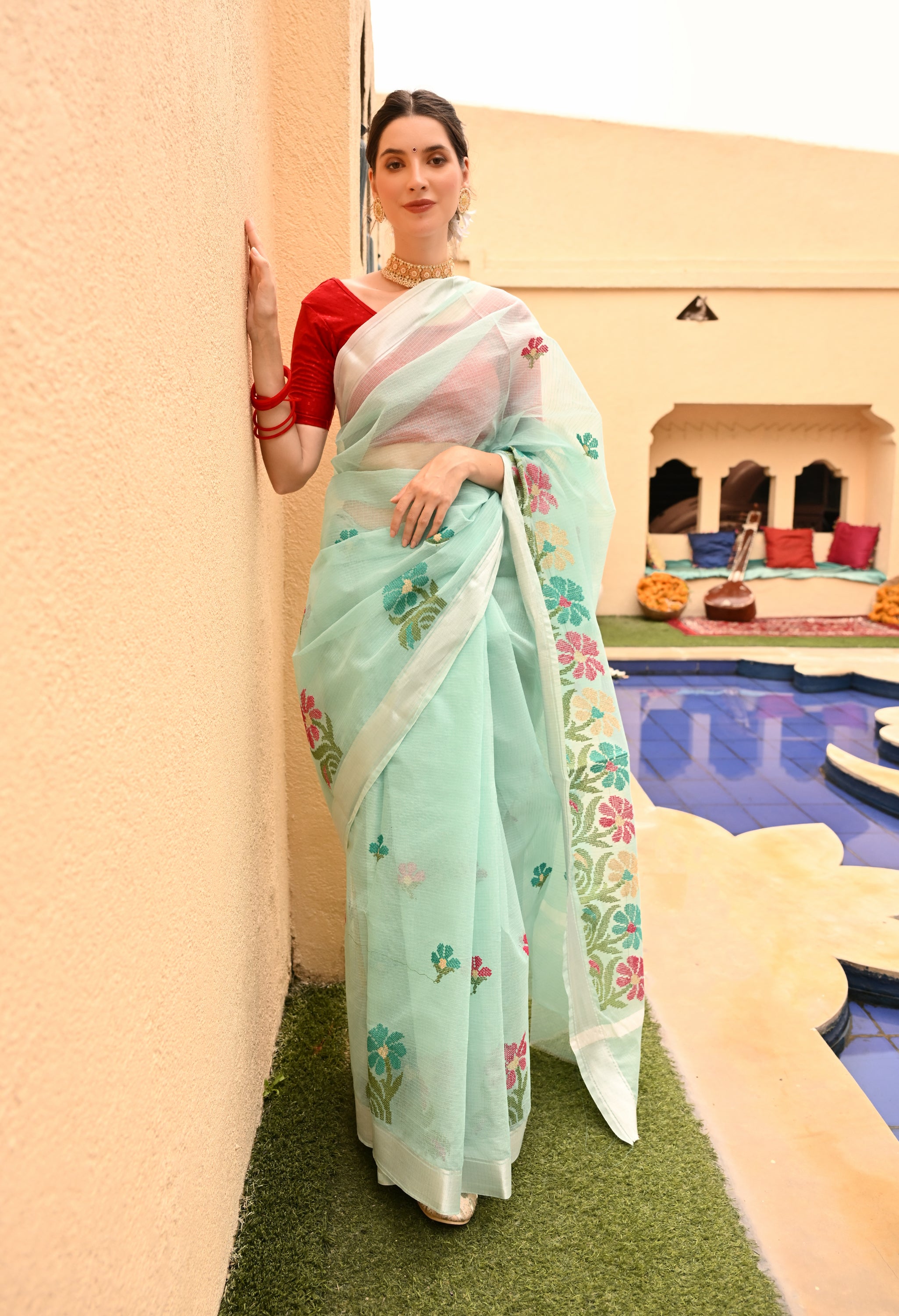 Blue Cotton Saree with very intricate embroidery work. Comfortable Fabric. 