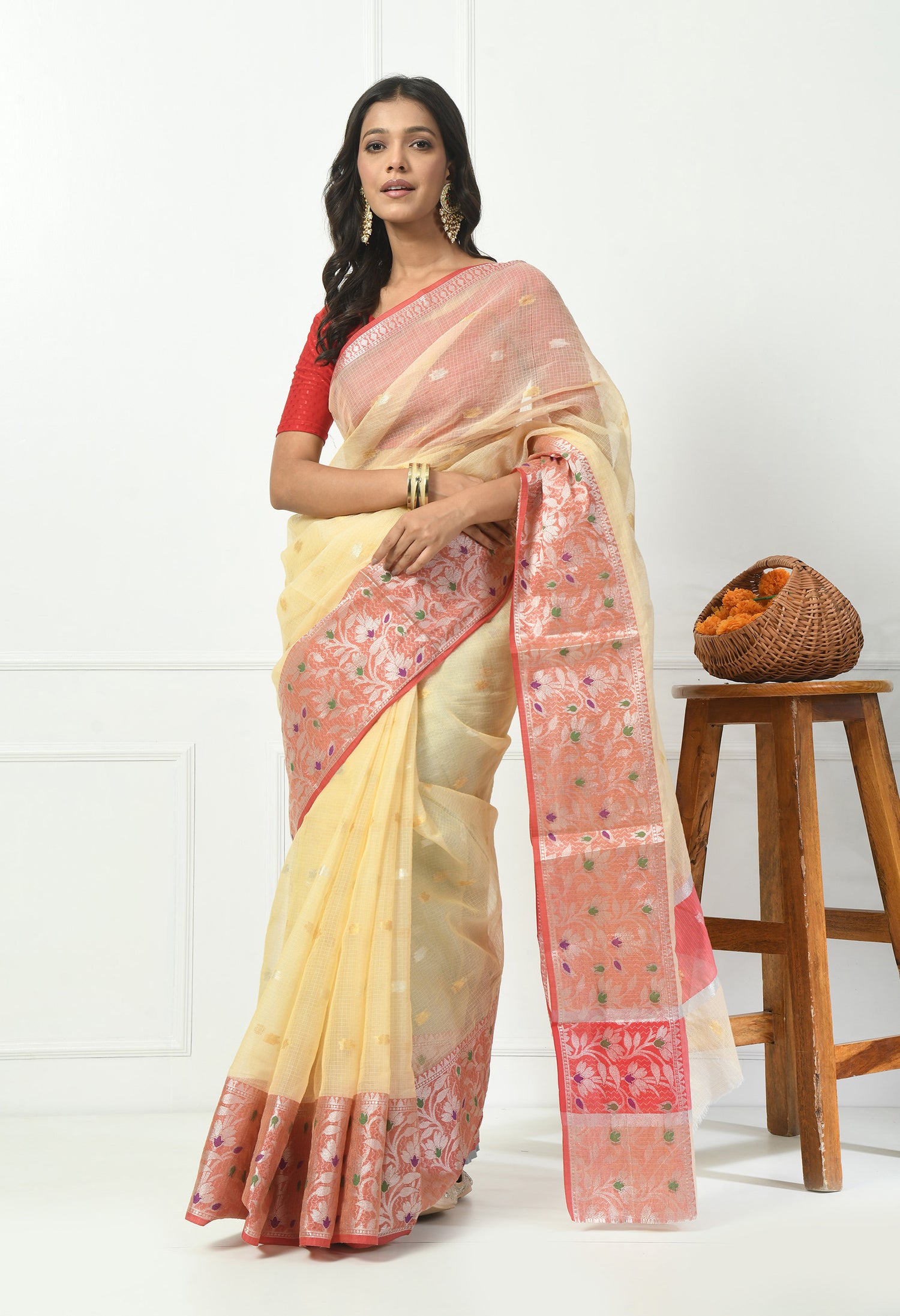 Yellow Cotton Saree in Kota Doria Weaving Style. Intricate Embroidery. Very Comfortable Fabric. Best Fabric for Weddings