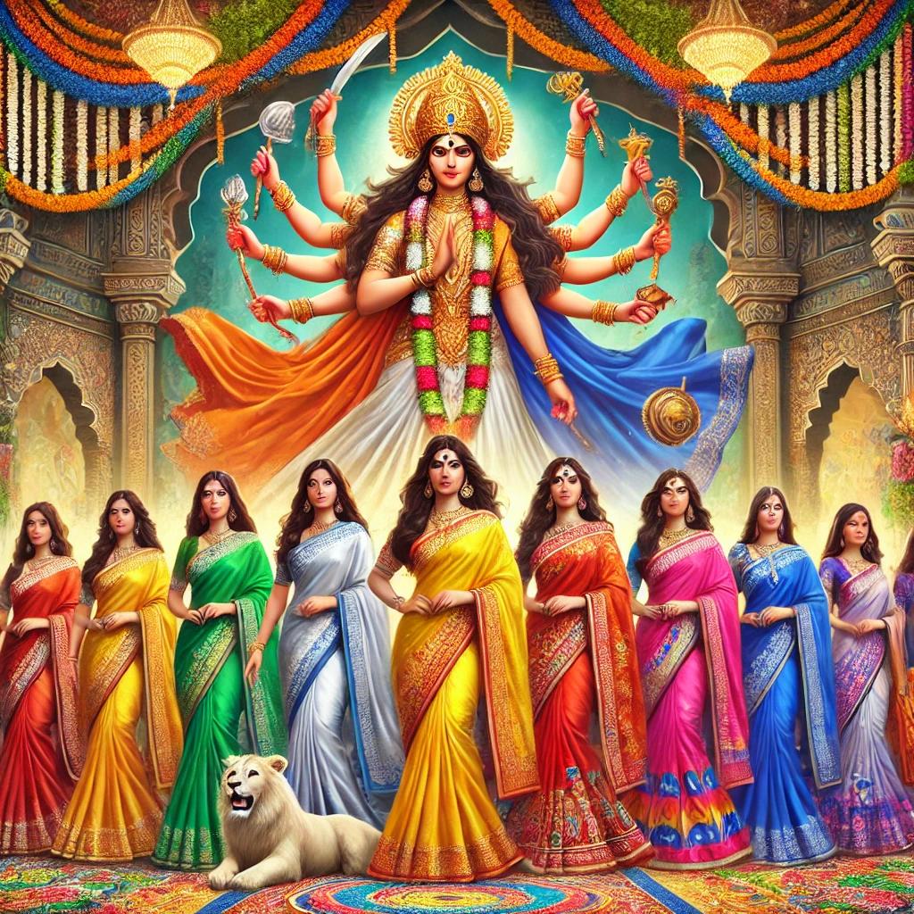 9 different color representing each day of Maa Durga during Navratra. 365 WiNKS has different color saree for each occasion