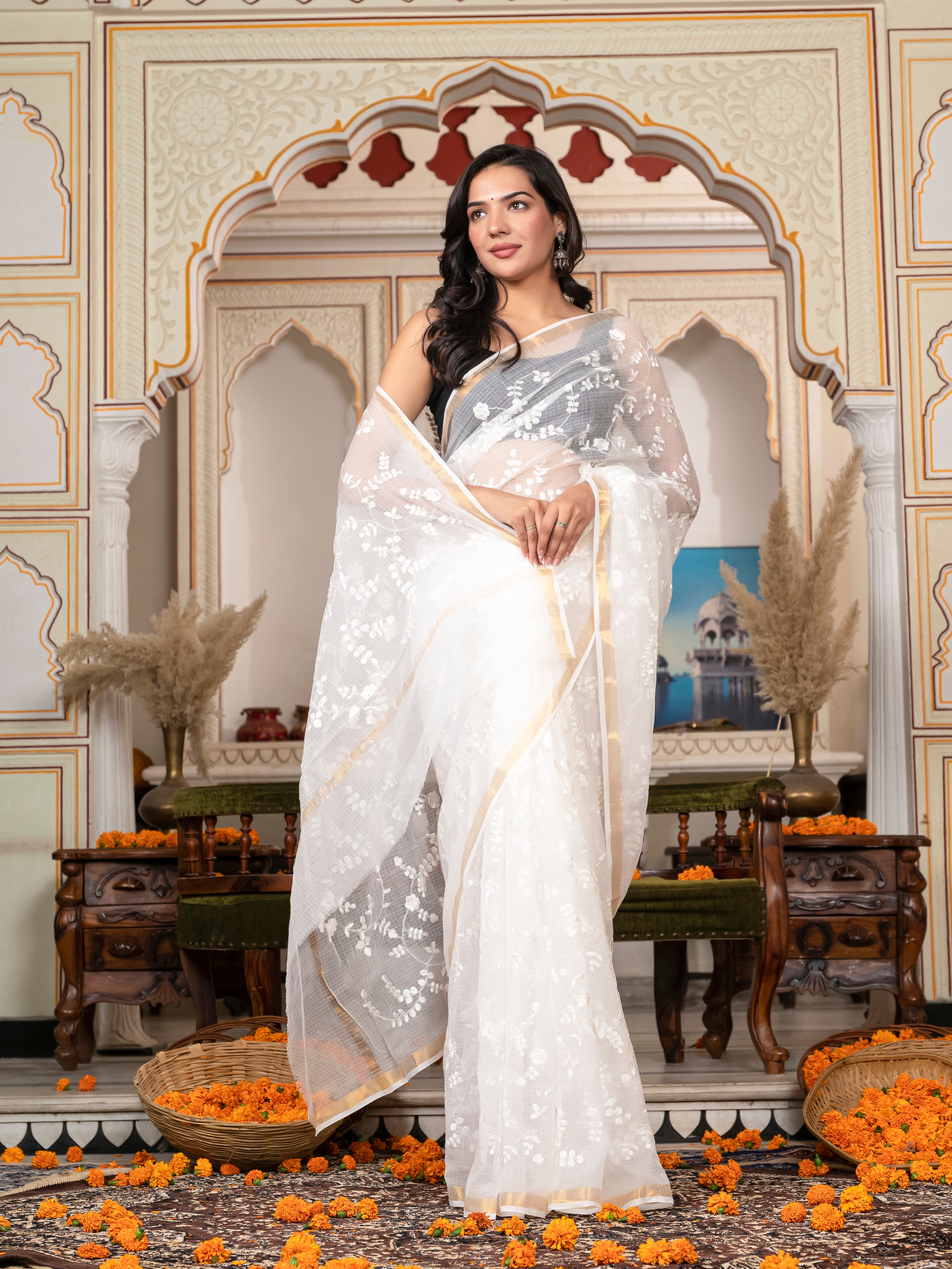 White Cotton Saree with Heavy Embroidery