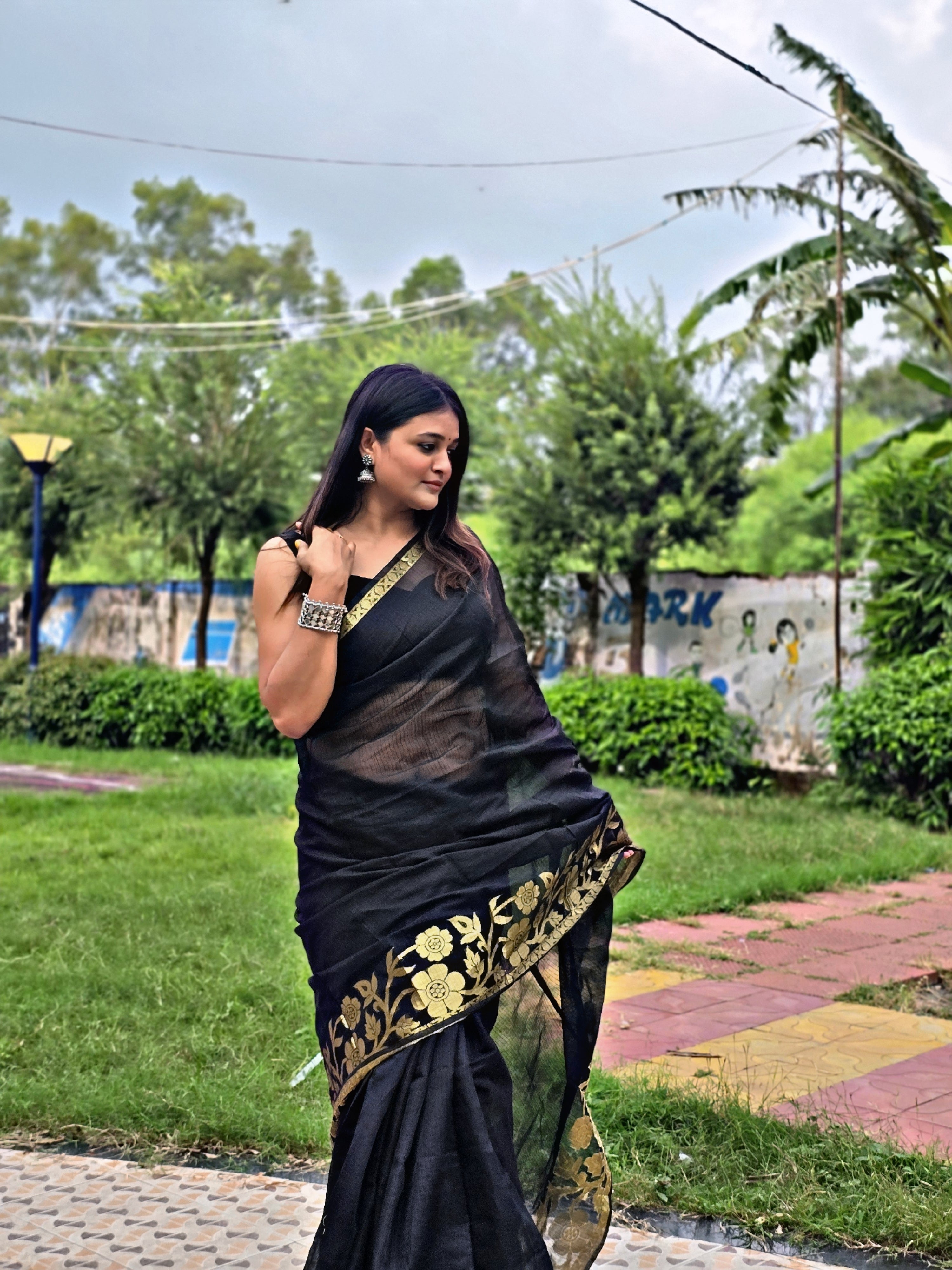 Black Cotton Saree with Matching Blouse Piece