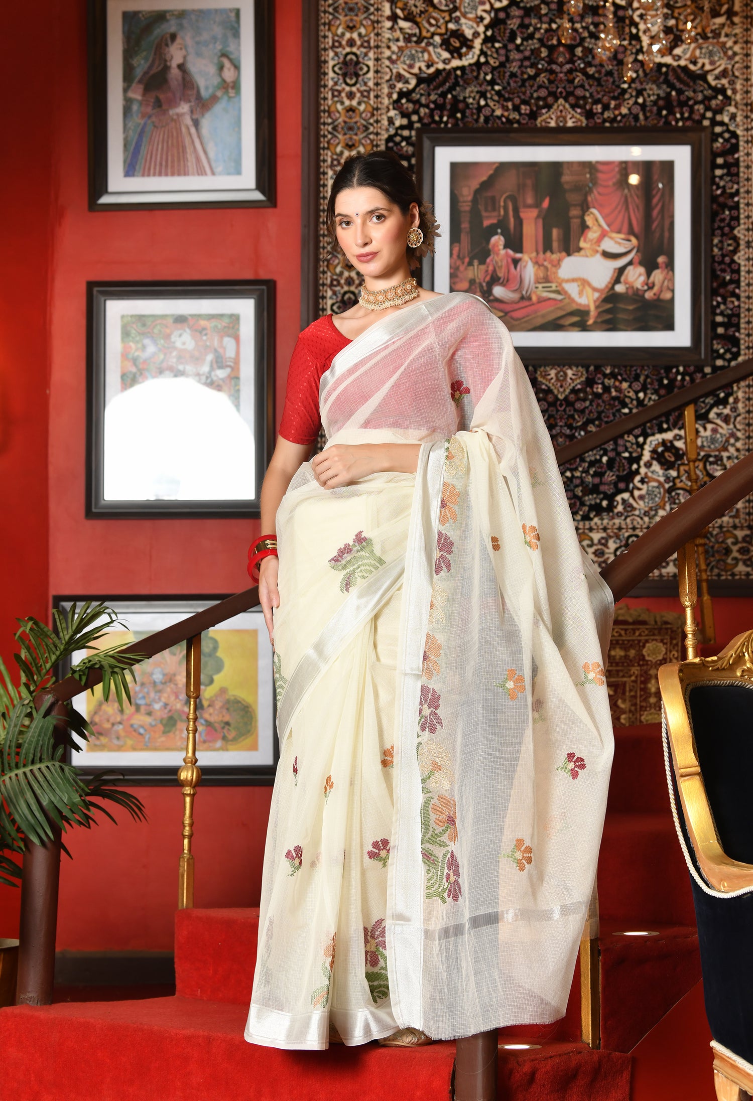 White Cotton Embroidery Saree