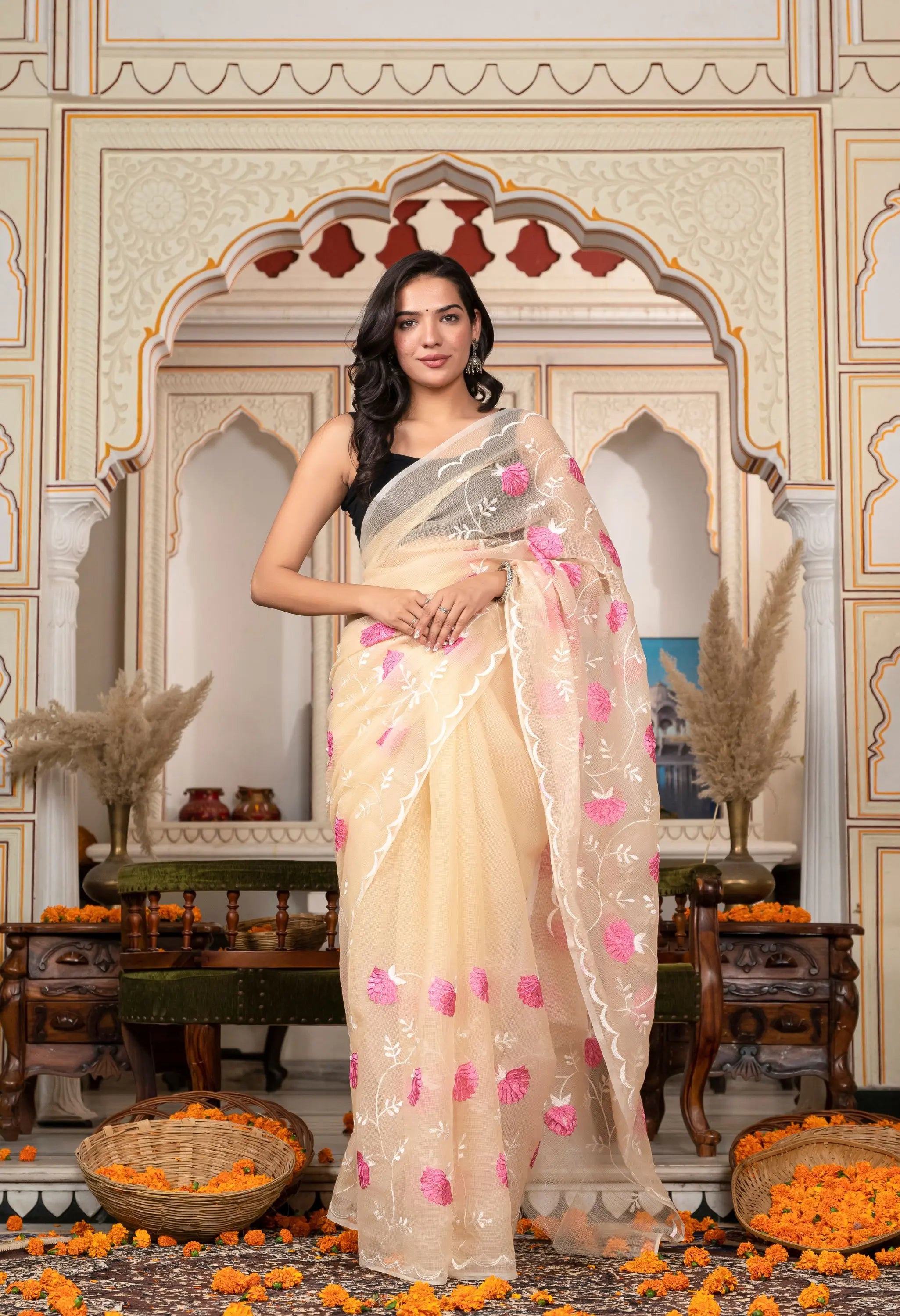 Beige Nude Cotton Saree with Sublime Floral Embroidery