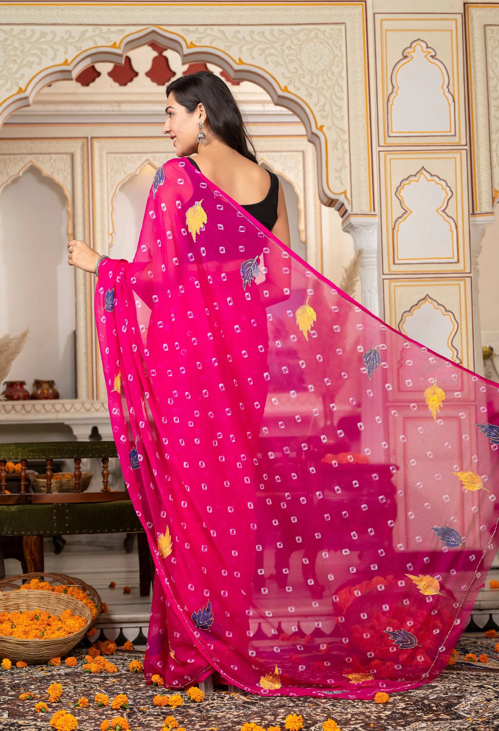 Rani Pink (Magenta) Chiffon Saree with Exquisite Jaipur Pattern