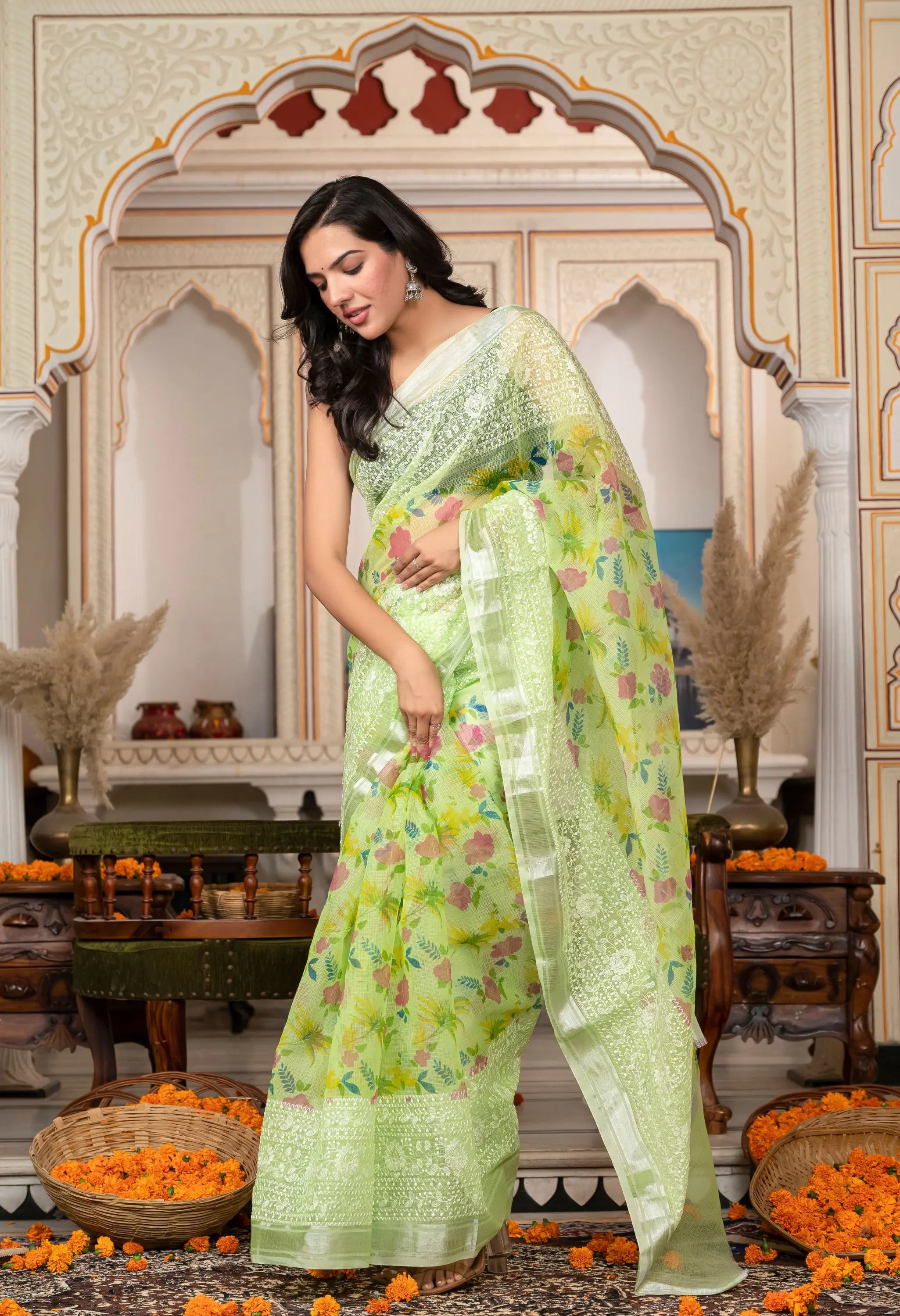 Green Cotton with Multi-colored Embroidery