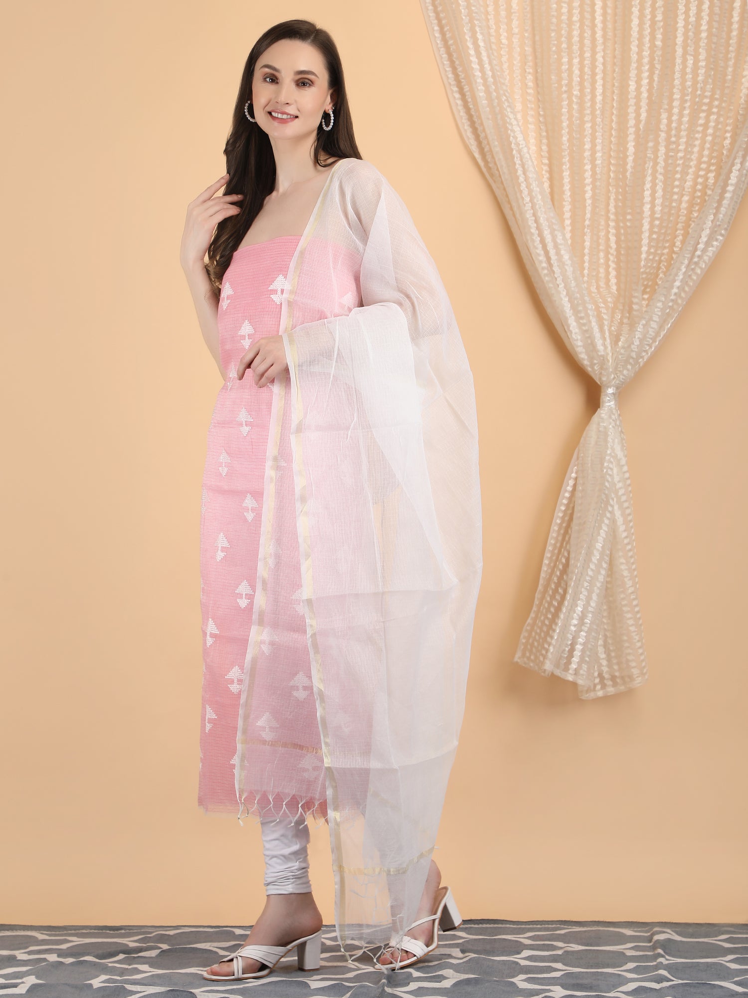 Women's Pink Color and White Embroidery Unstitched Suit and Matching Dupatta set - Kora Doria Cotton, ideal for Summers