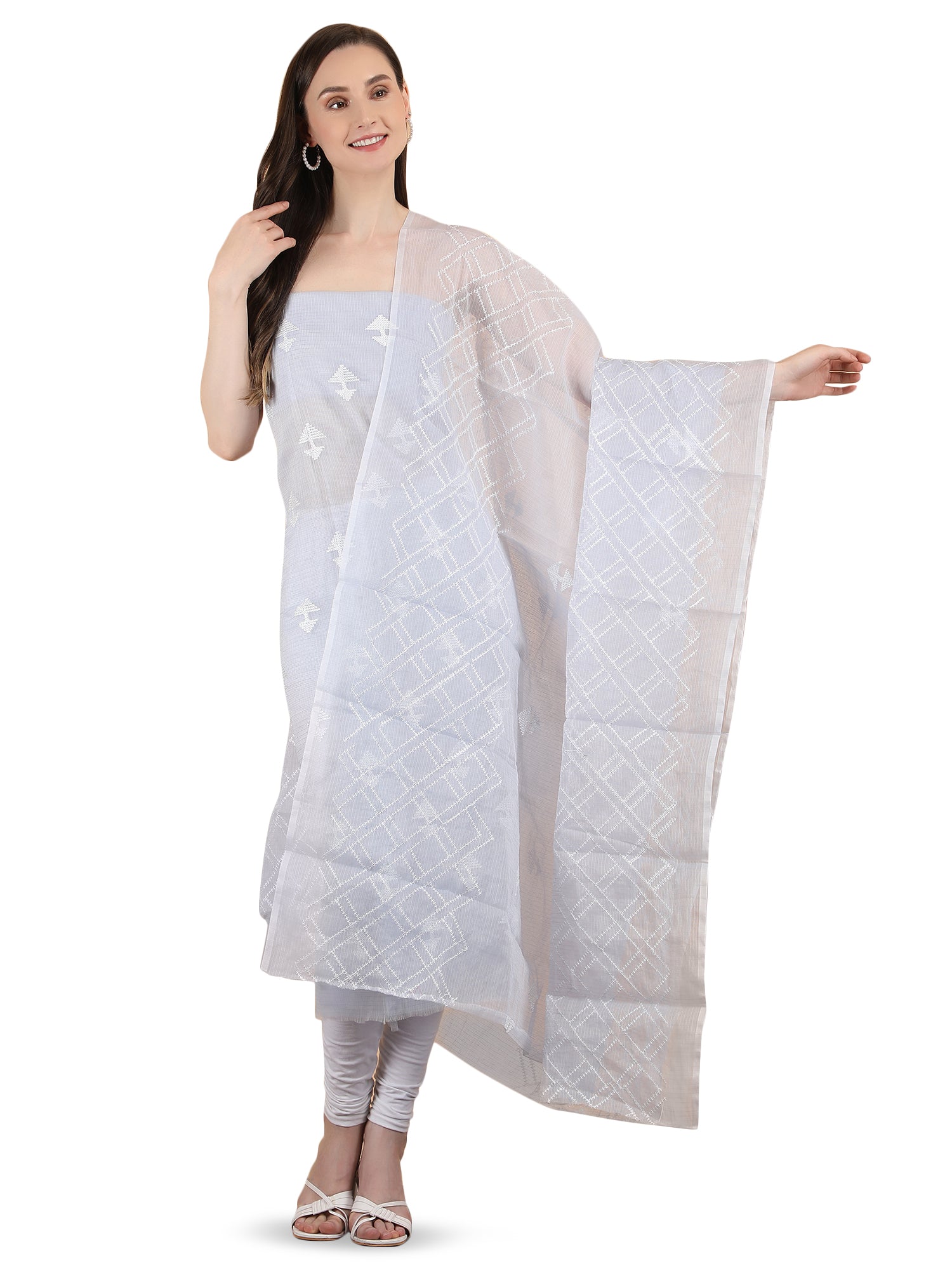 Women's Grey Color and White Embroidery Unstitched Suit and Matching Dupatta set - Kora Doria Cotton, ideal for Summers