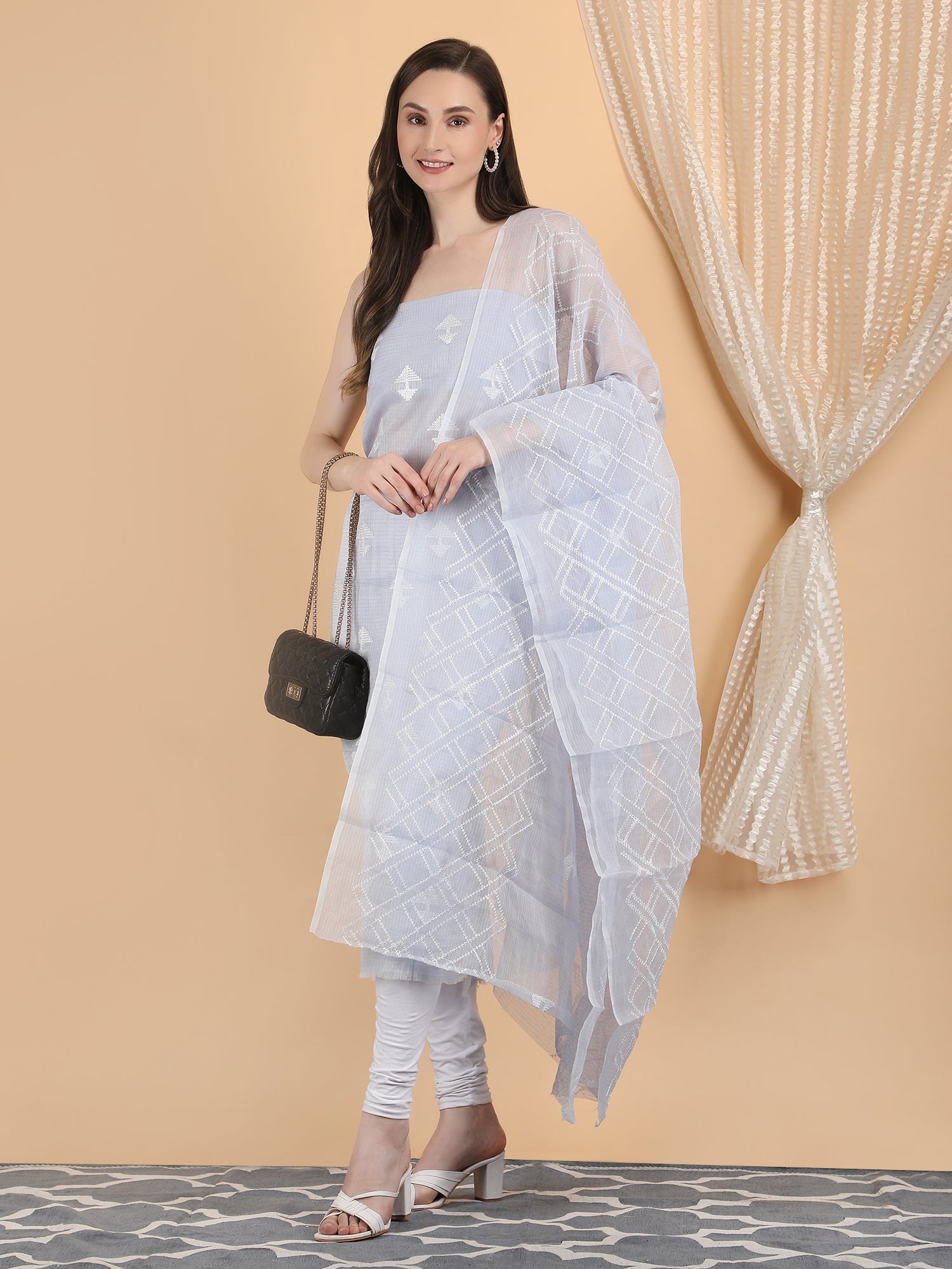 Women's Grey Color and White Embroidery Unstitched Suit and Matching Dupatta set - Kora Doria Cotton, ideal for Summers