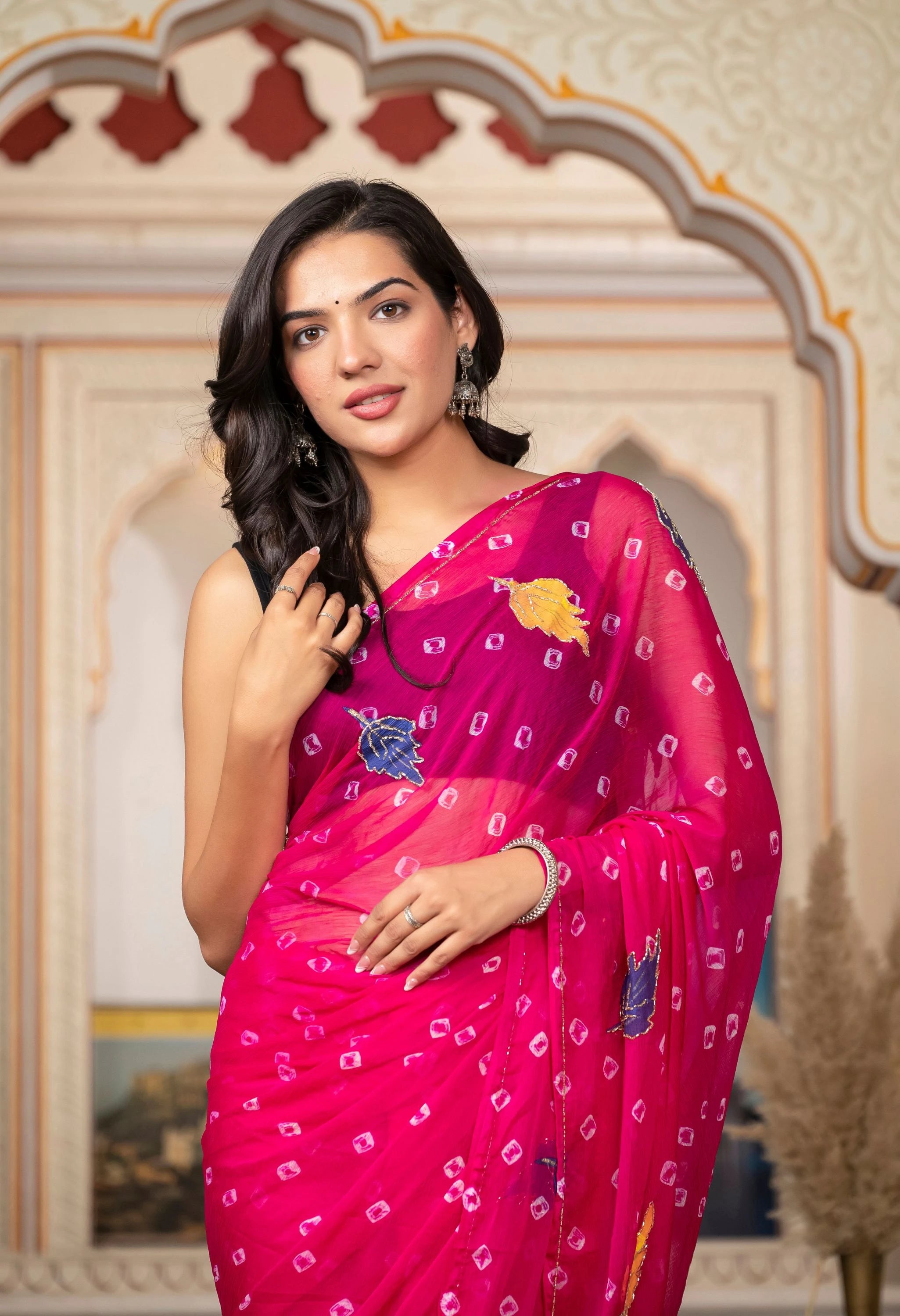 Rani Pink (Magenta) Chiffon Saree with Exquisite Jaipur Pattern