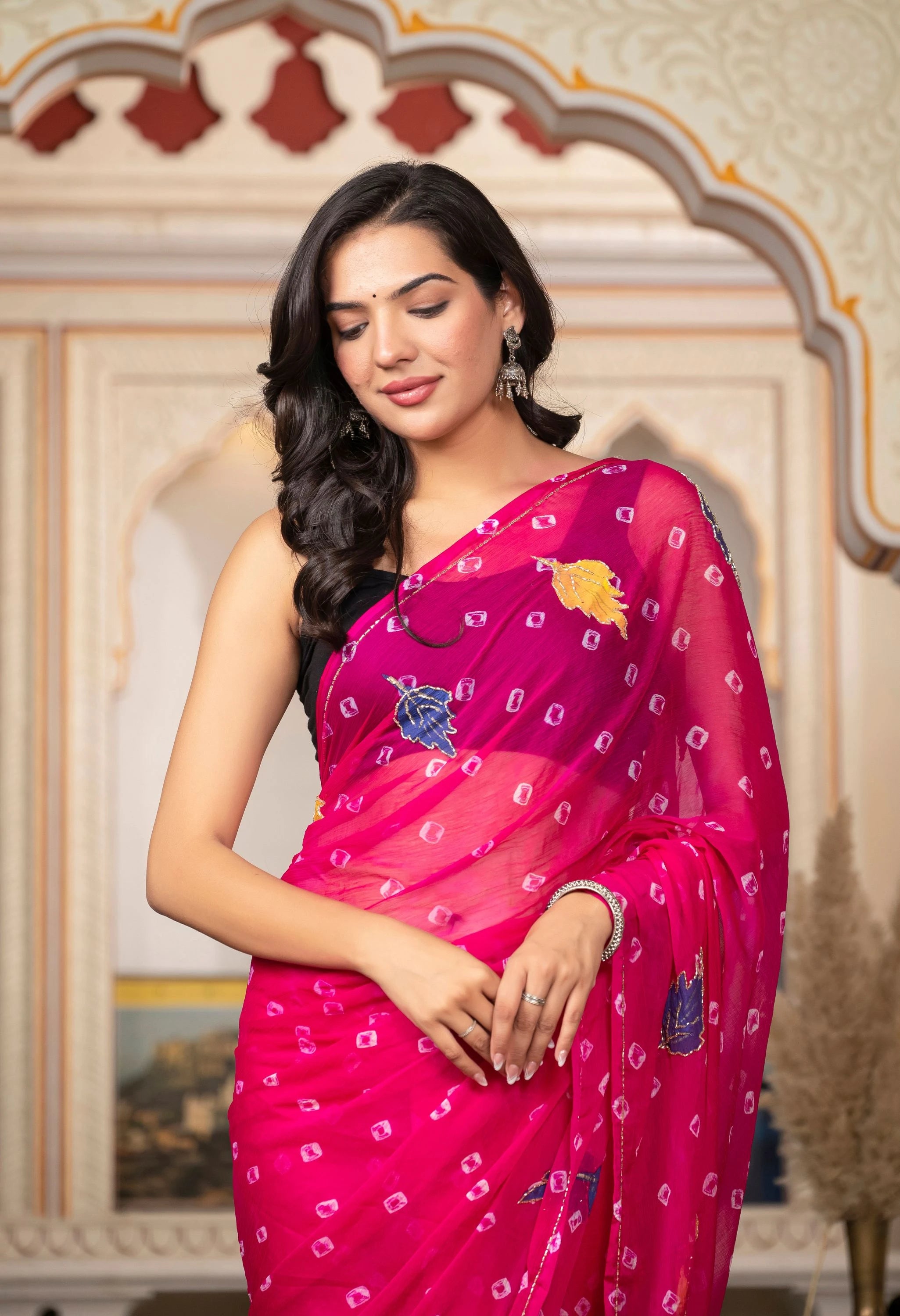 Rani Pink (Magenta) Chiffon Saree with Exquisite Jaipur Pattern