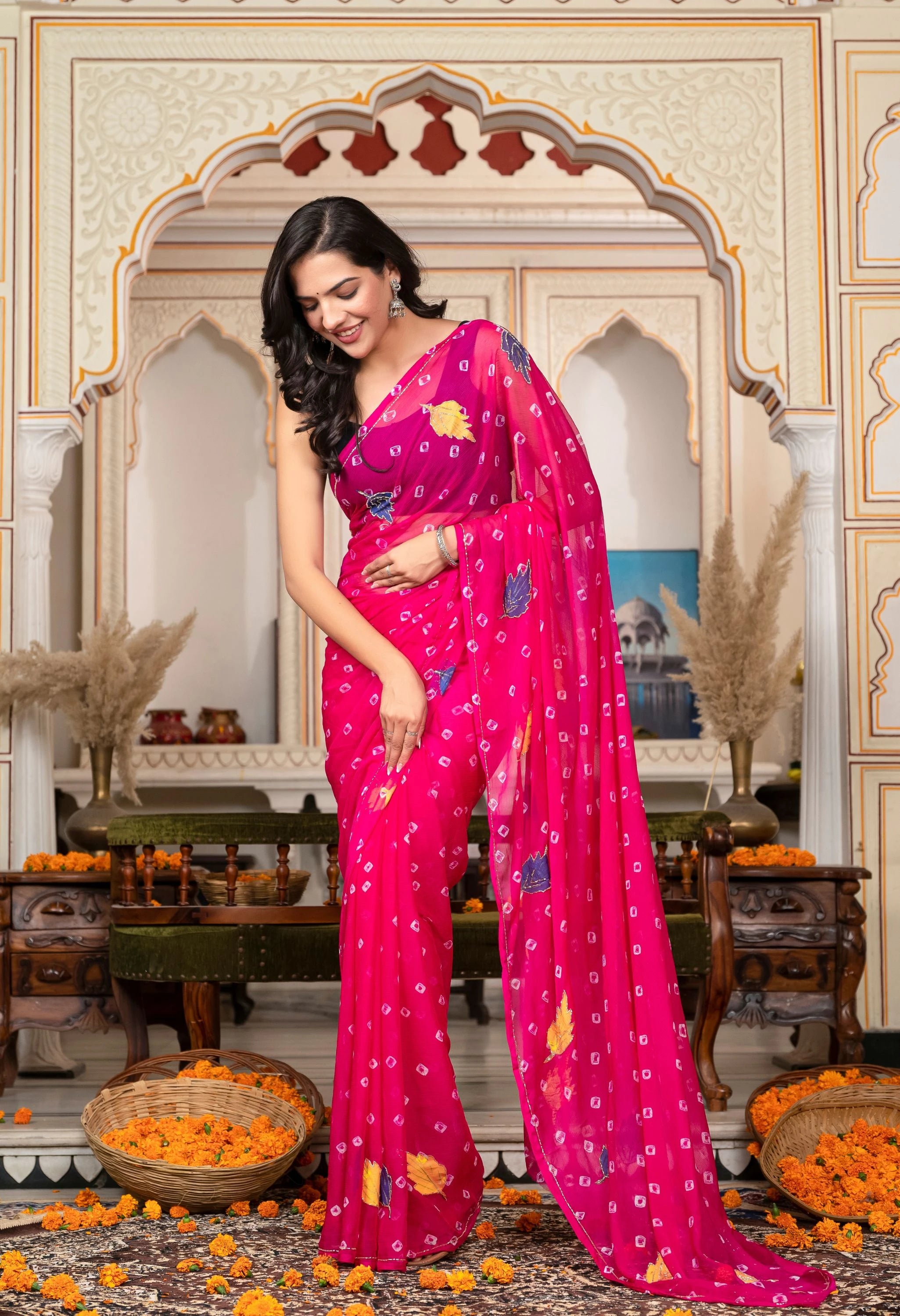 Rani Pink (Magenta) Chiffon Saree with Exquisite Jaipur Pattern