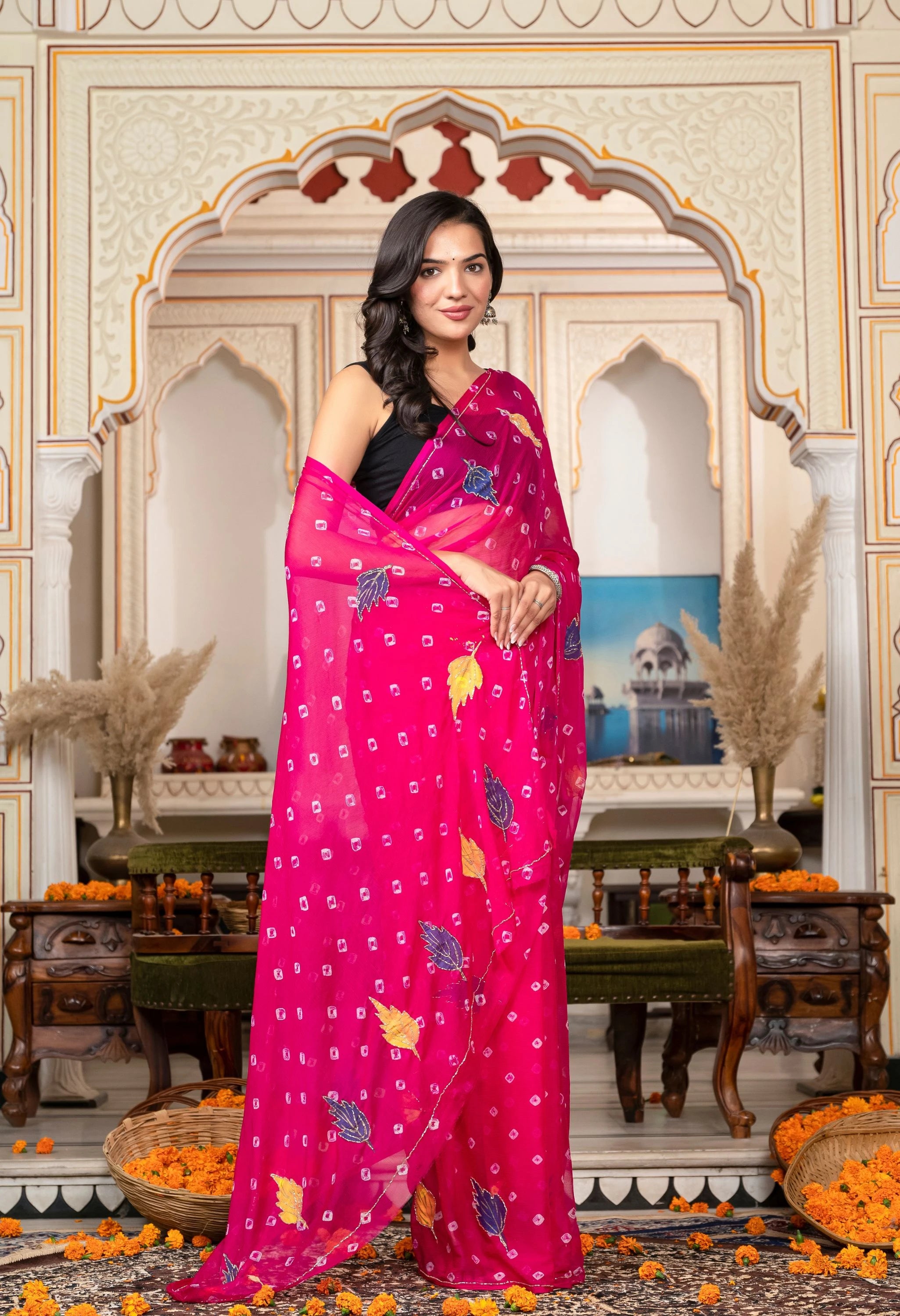 Rani Pink (Magenta) Chiffon Saree with Exquisite Jaipur Pattern