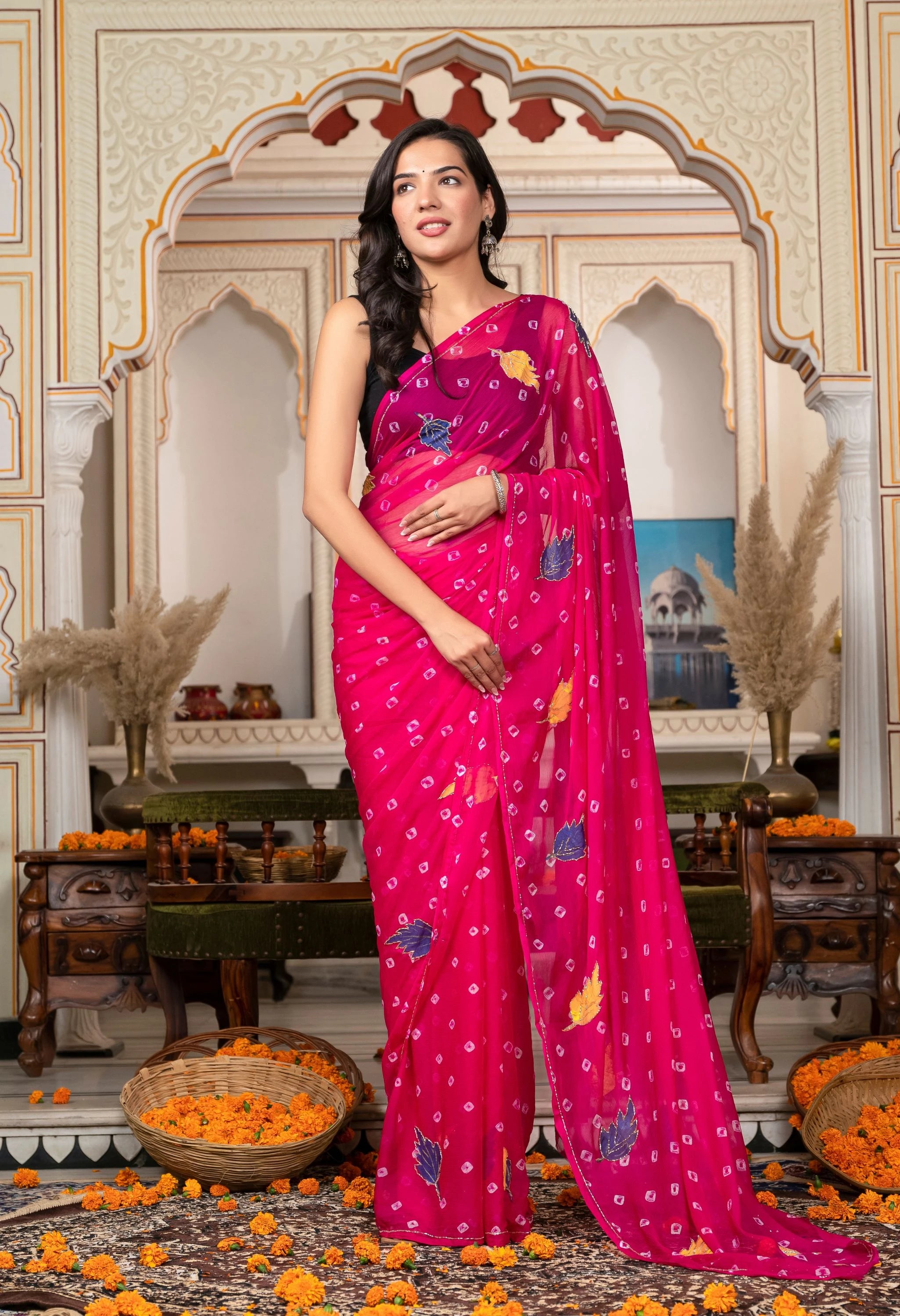 Rani Pink (Magenta) Chiffon Saree with Exquisite Jaipur Pattern