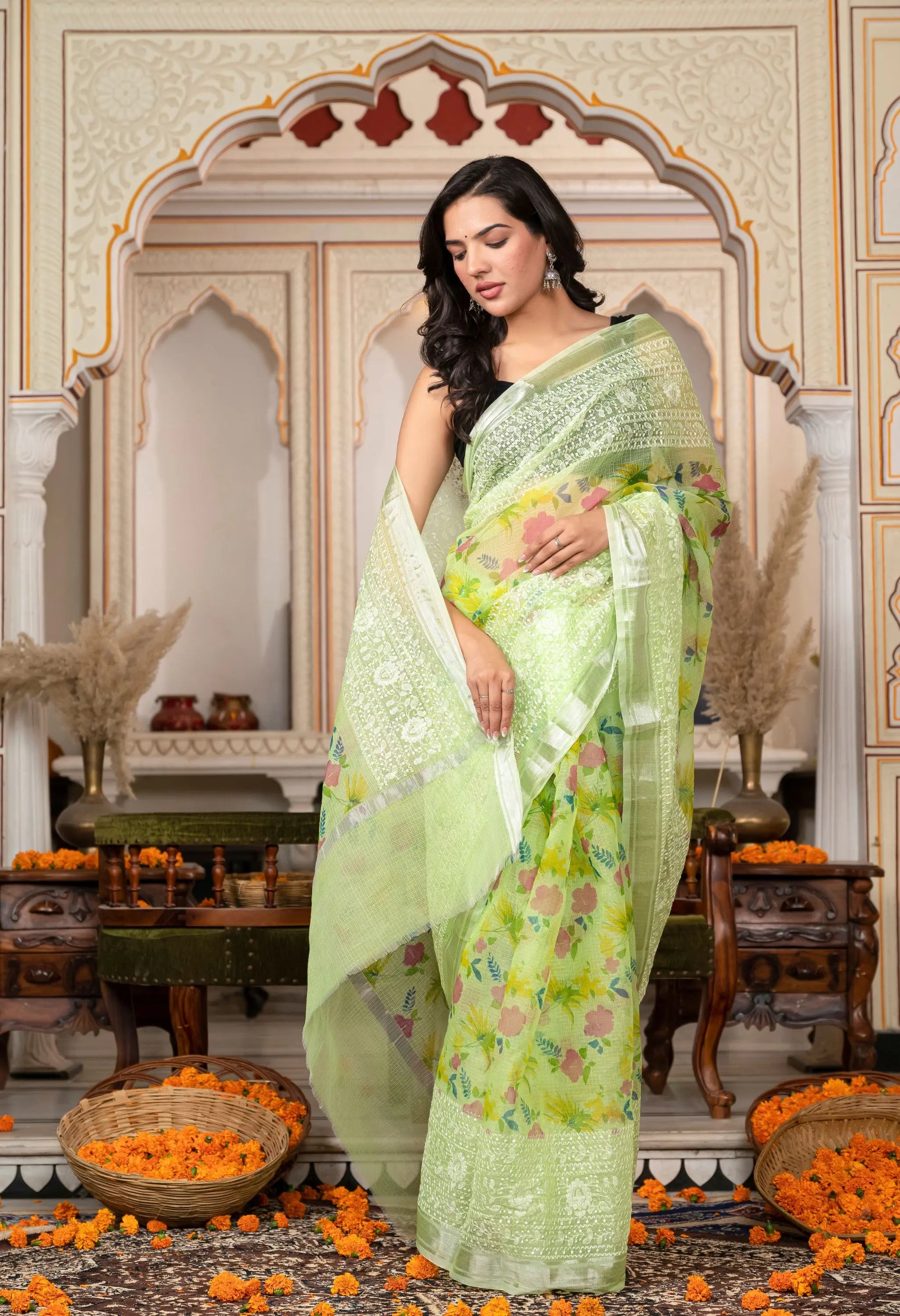 Green Cotton with Multi-colored Embroidery