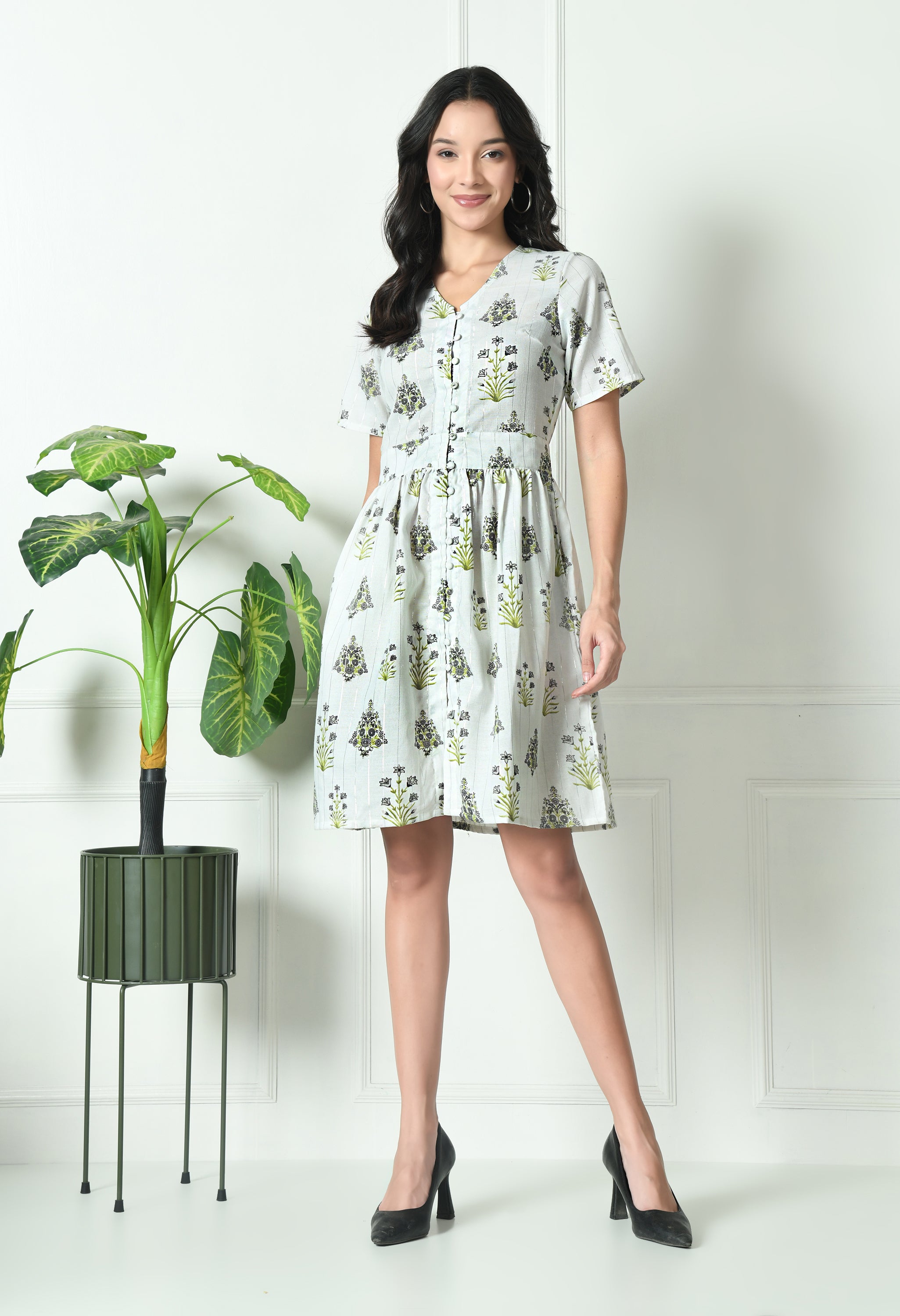 White with Black Floral Cotton Summer Dress  (with Pocket)