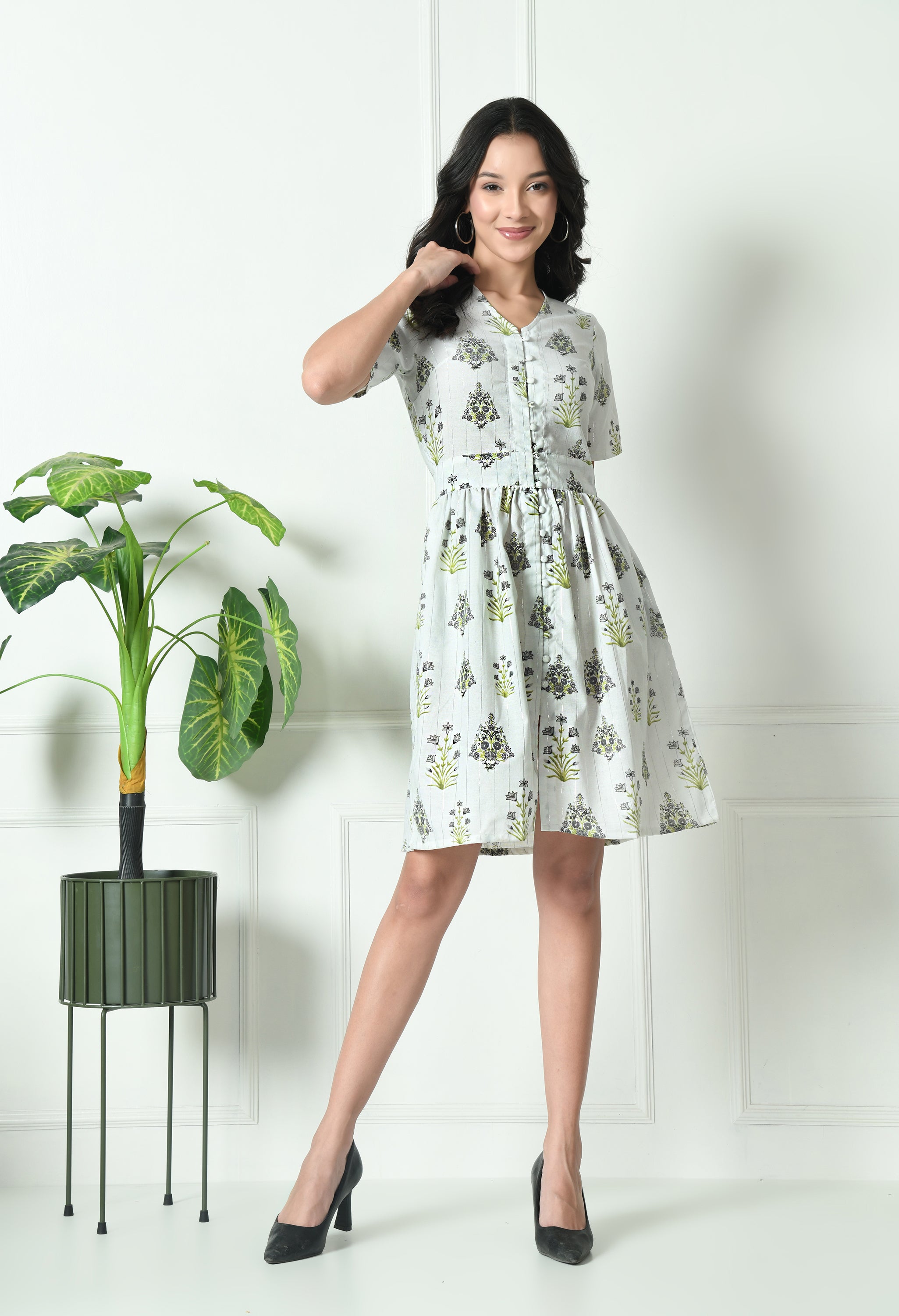 White with Black Floral Cotton Summer Dress  (with Pocket)