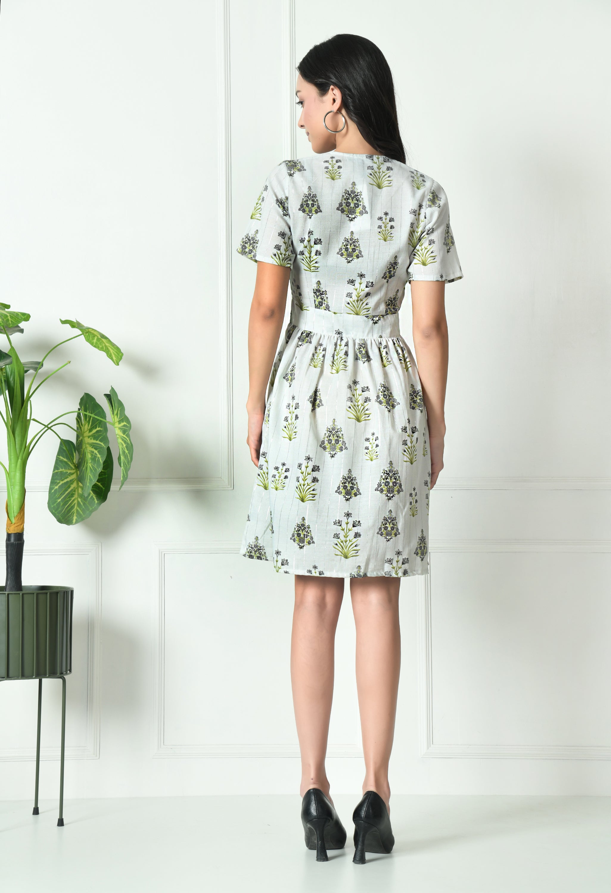 White with Black Floral Cotton Summer Dress  (with Pocket)