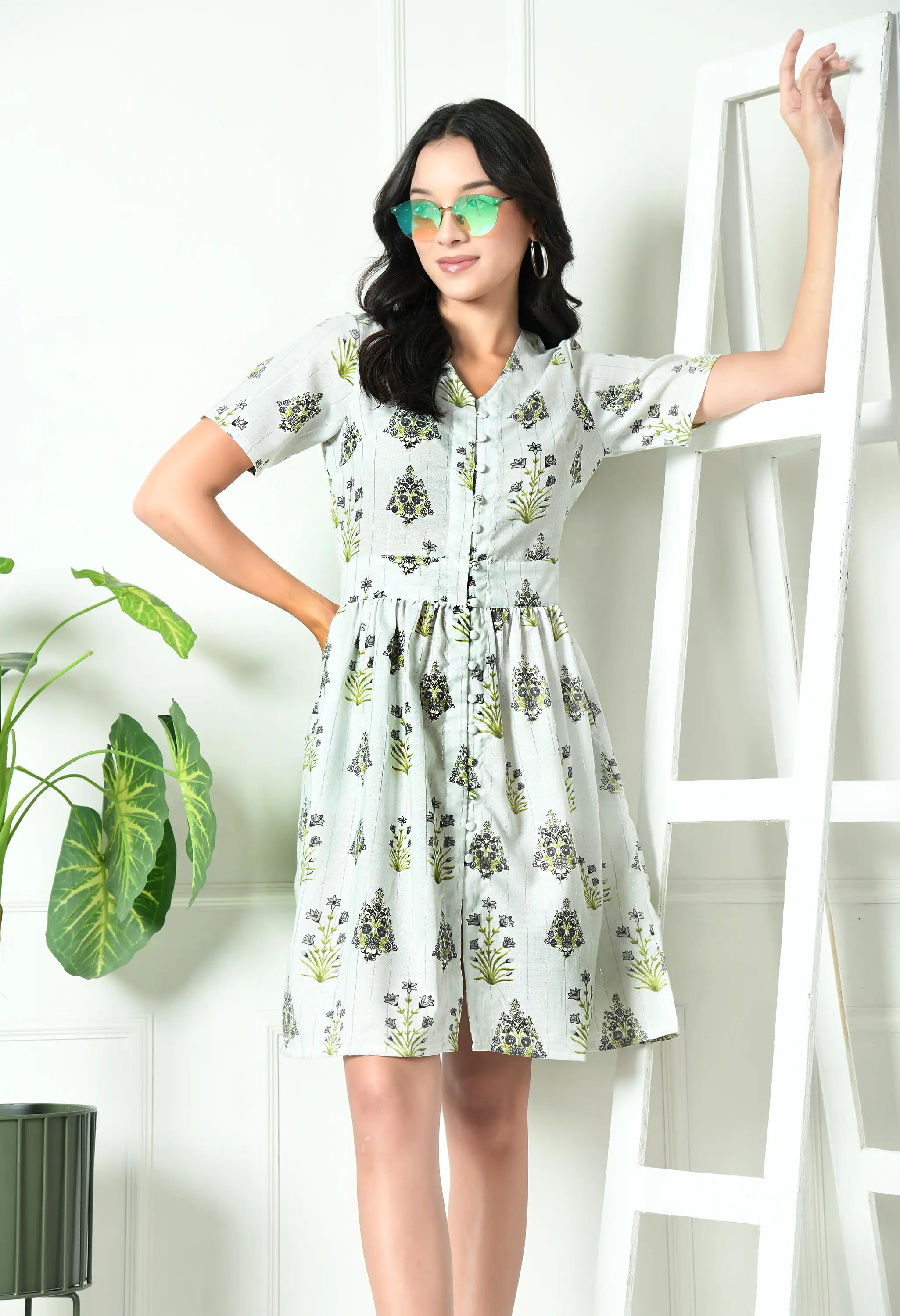 White with Black Floral Cotton Summer Dress (with Pocket)