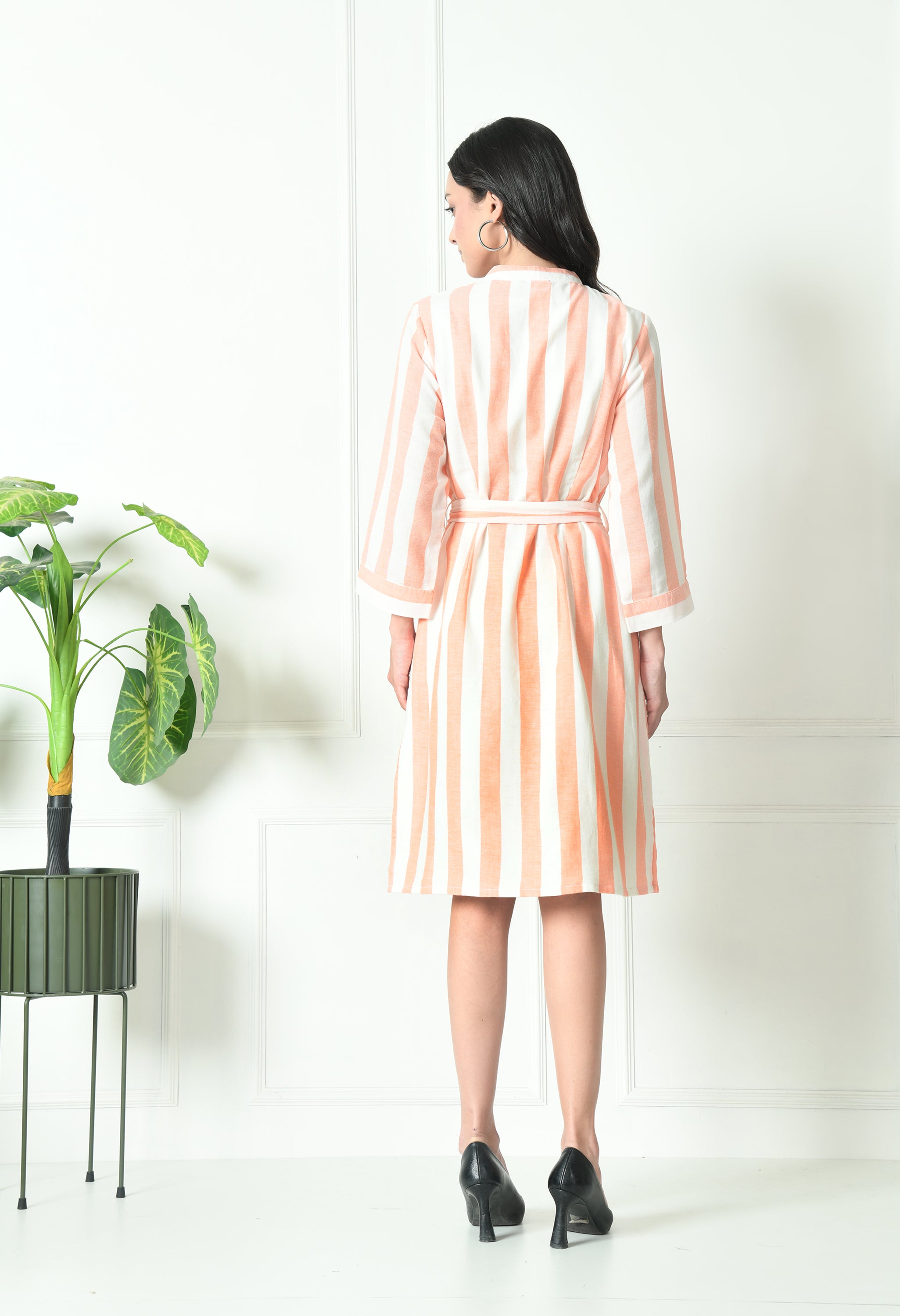 Peach & White Stripe Cotton Full Sleeve Dress (with Pocket)