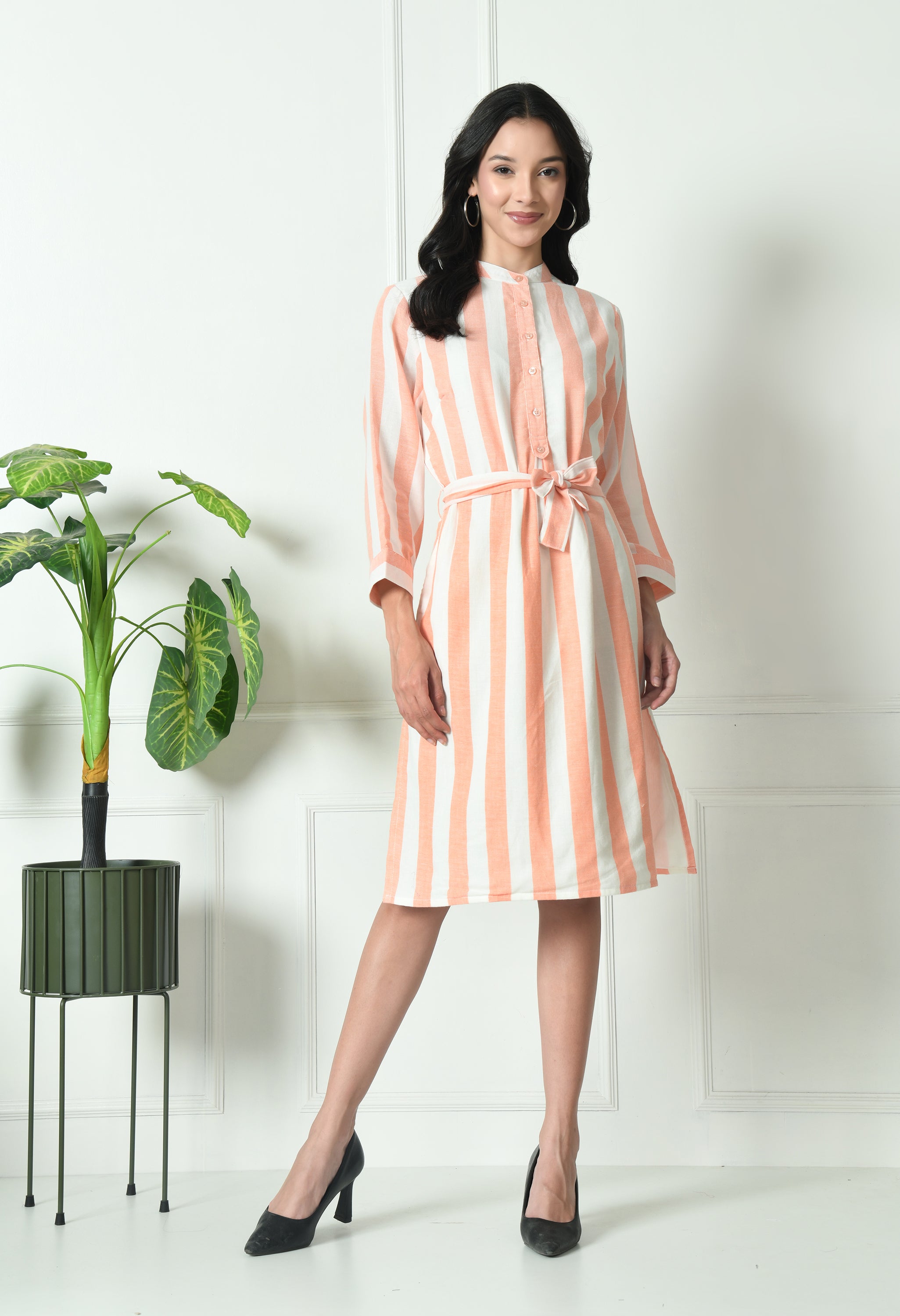 Peach & White Stripe Cotton Full Sleeve Dress (with Pocket)