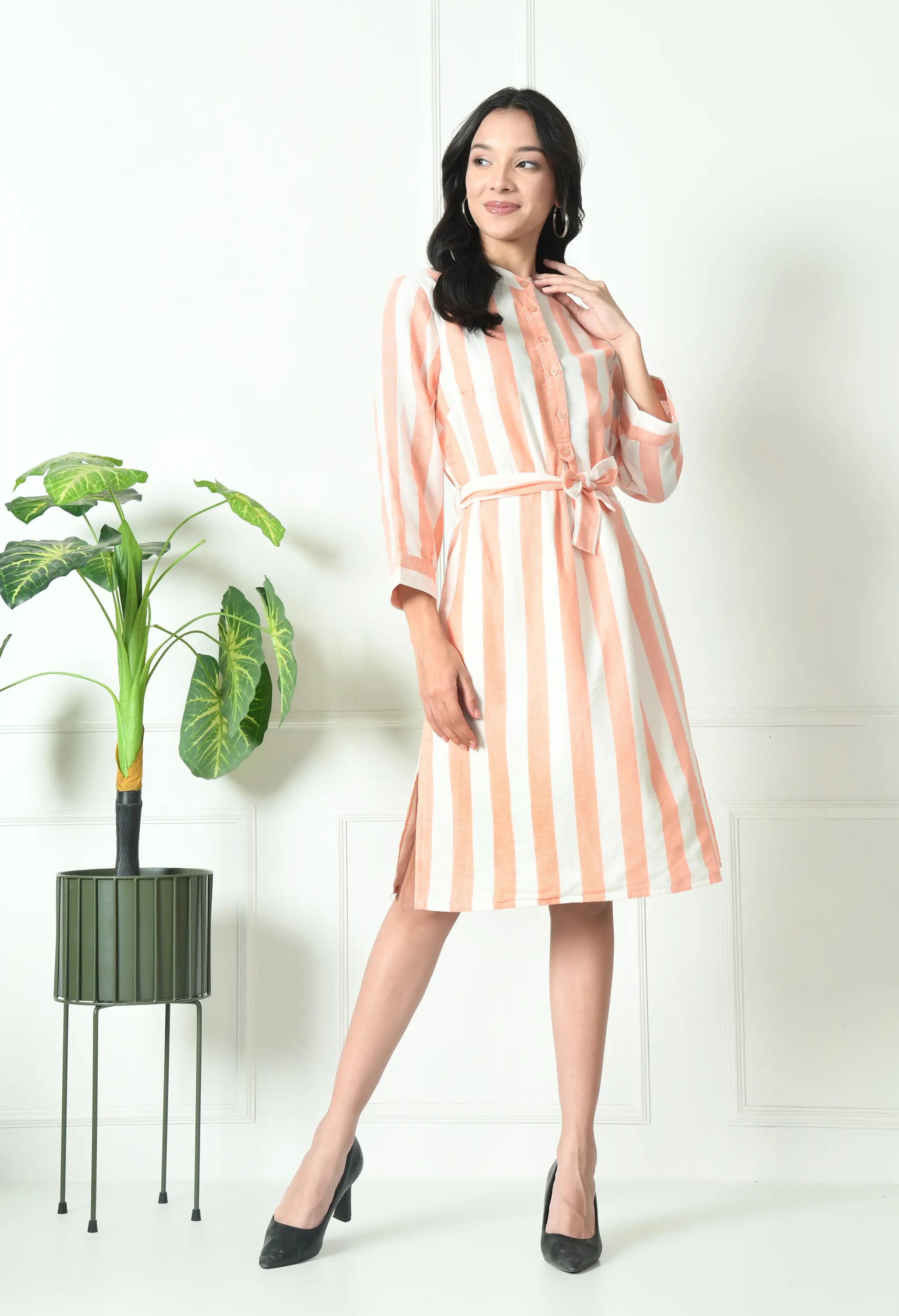 Peach & White Stripe Cotton Full Sleeve Dress (with Pocket)