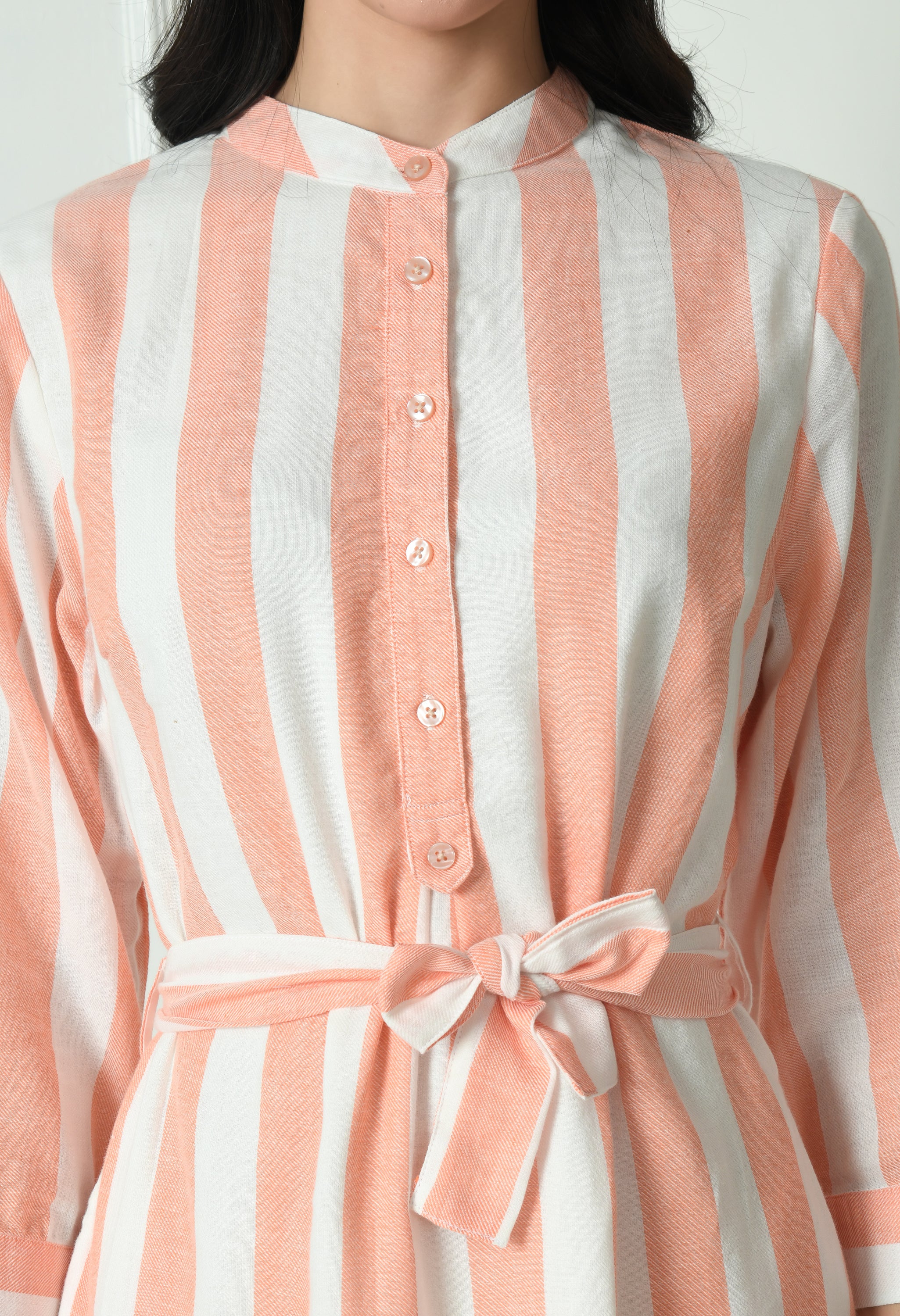 Peach & White Stripe Cotton Full Sleeve Dress (with Pocket)