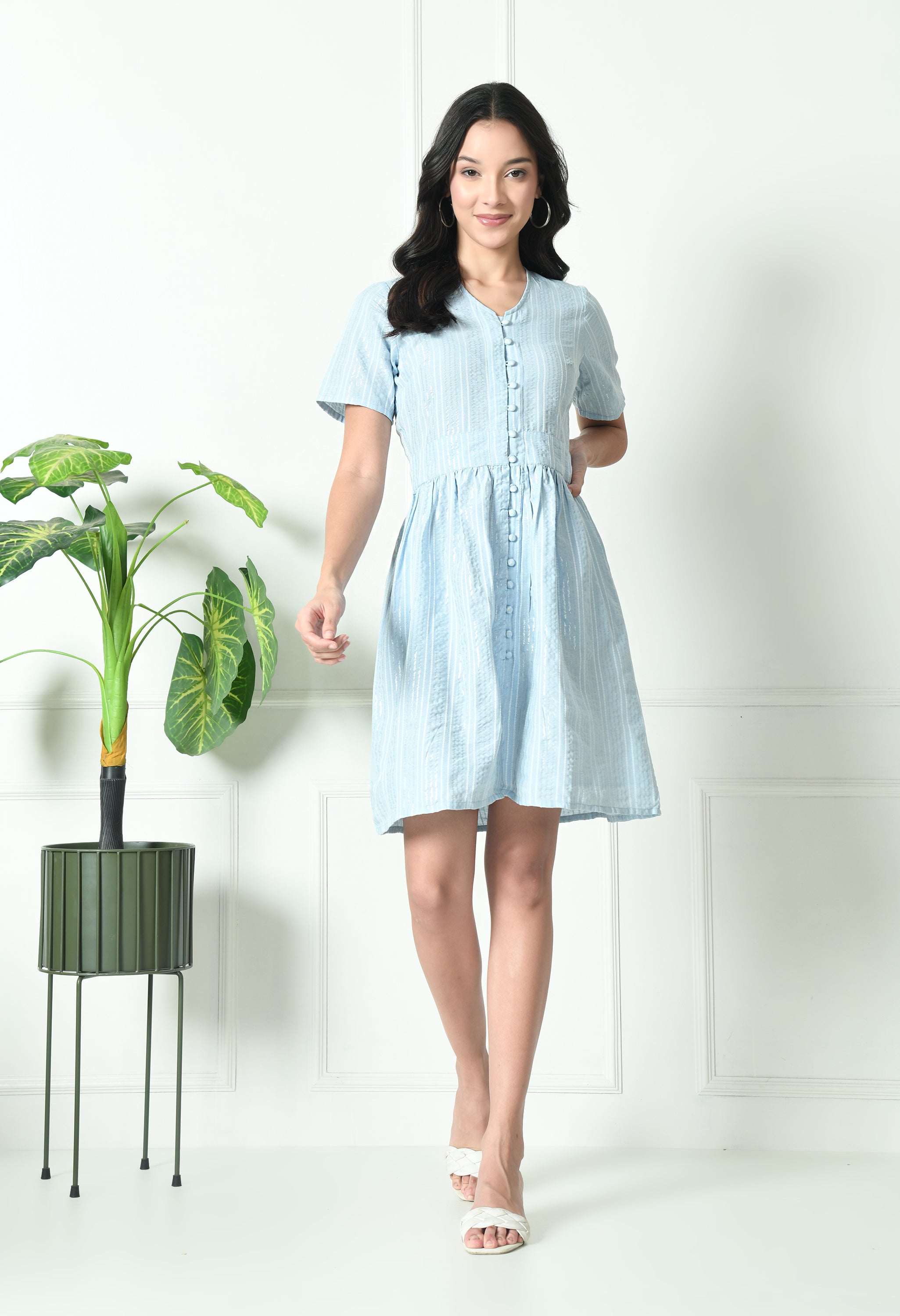 Powder Blue Summer Cotton Dress (with Pocket)