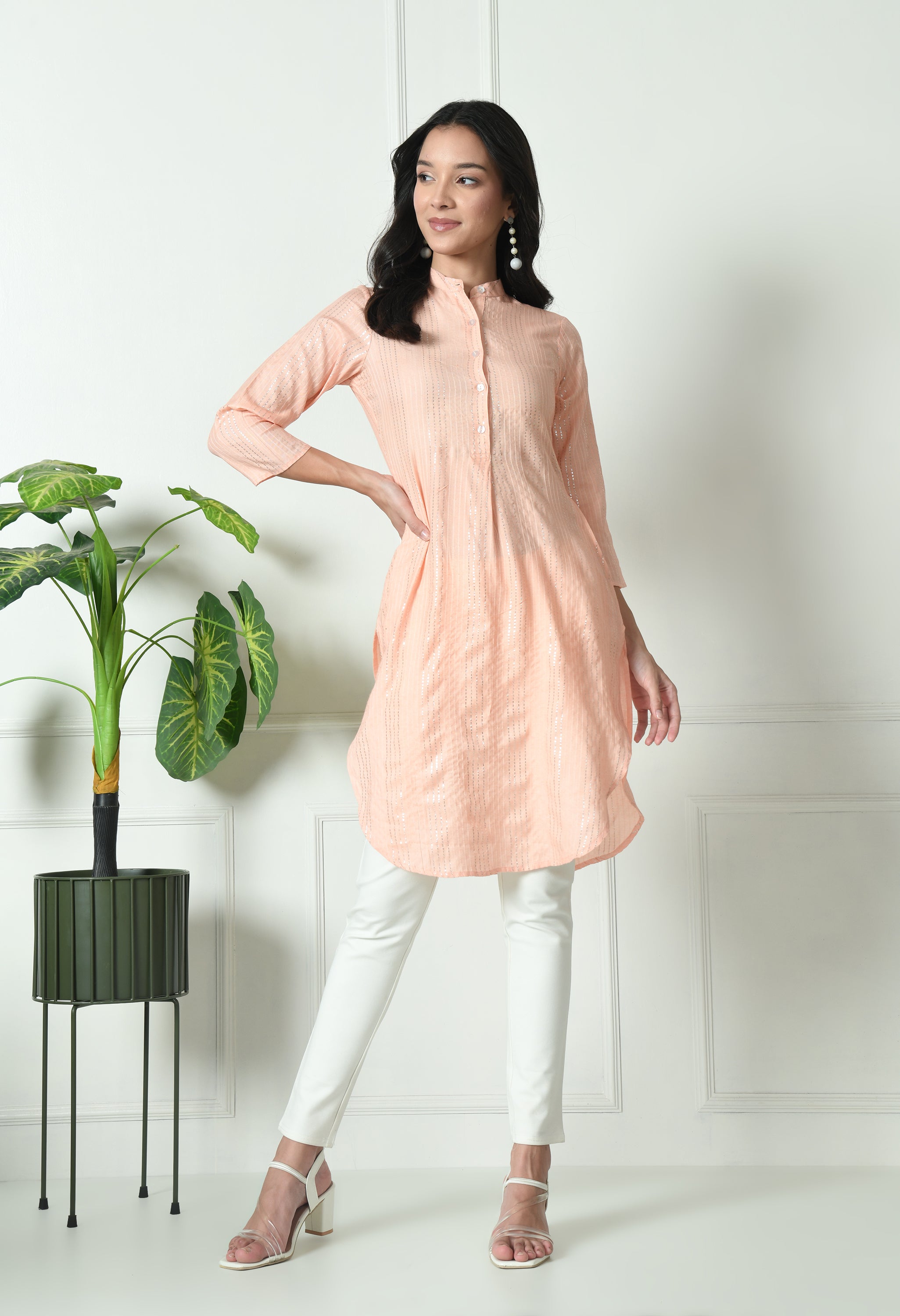 Peach Cotton Fitted Kurtis (with Pocket)