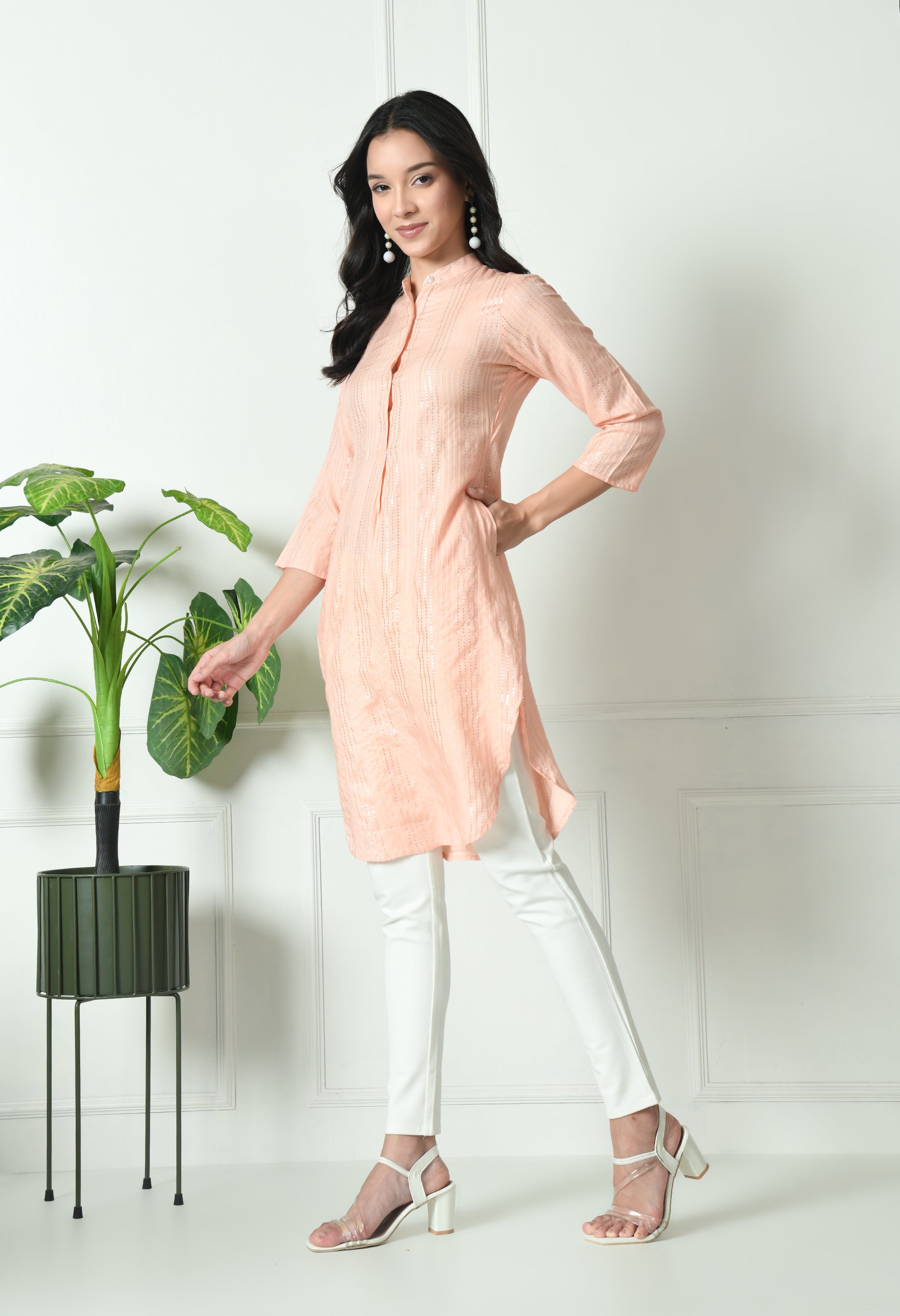 Peach Cotton Fitted Kurtis (with Pocket)