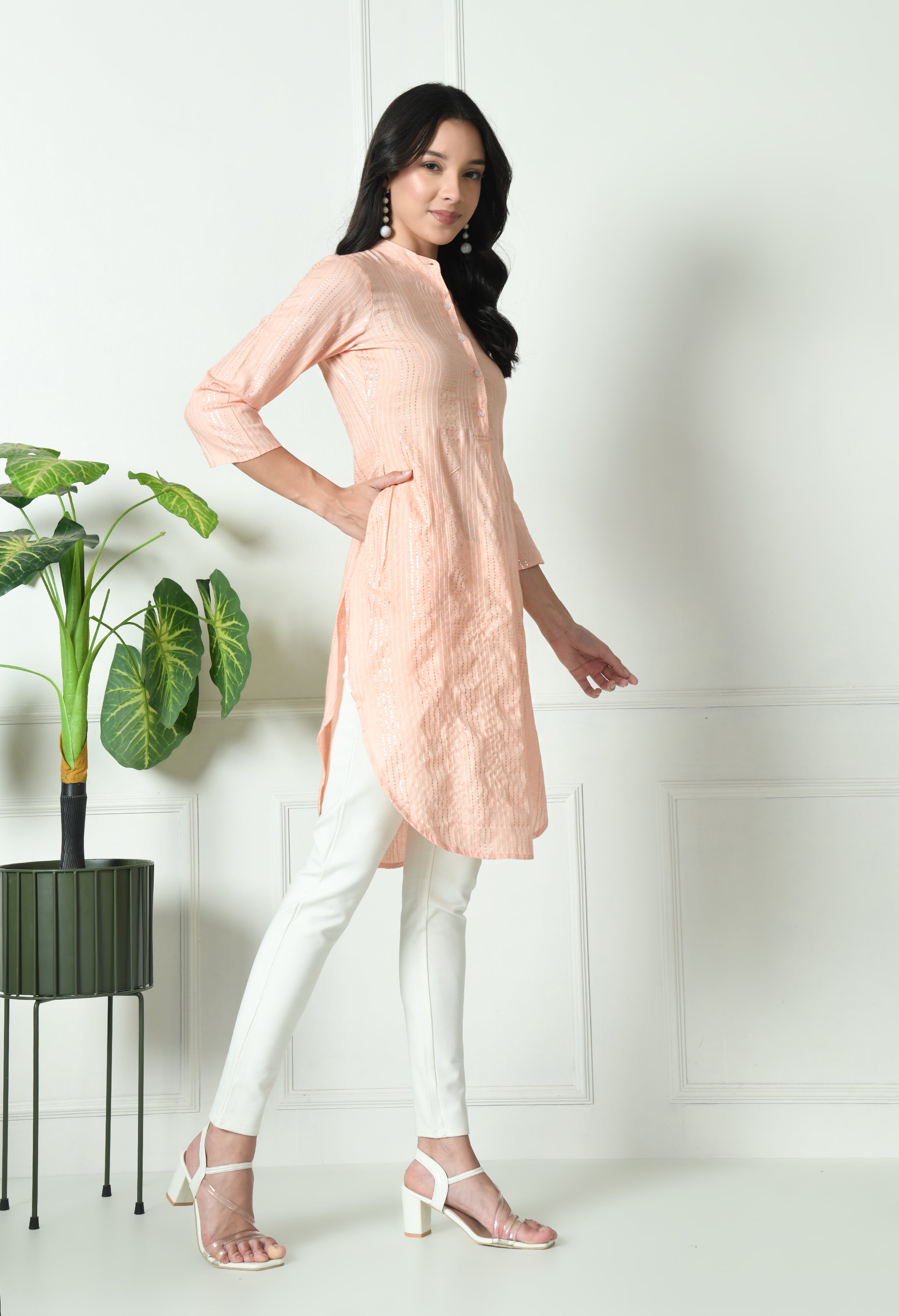 Peach Cotton Fitted Kurtis (with Pocket)