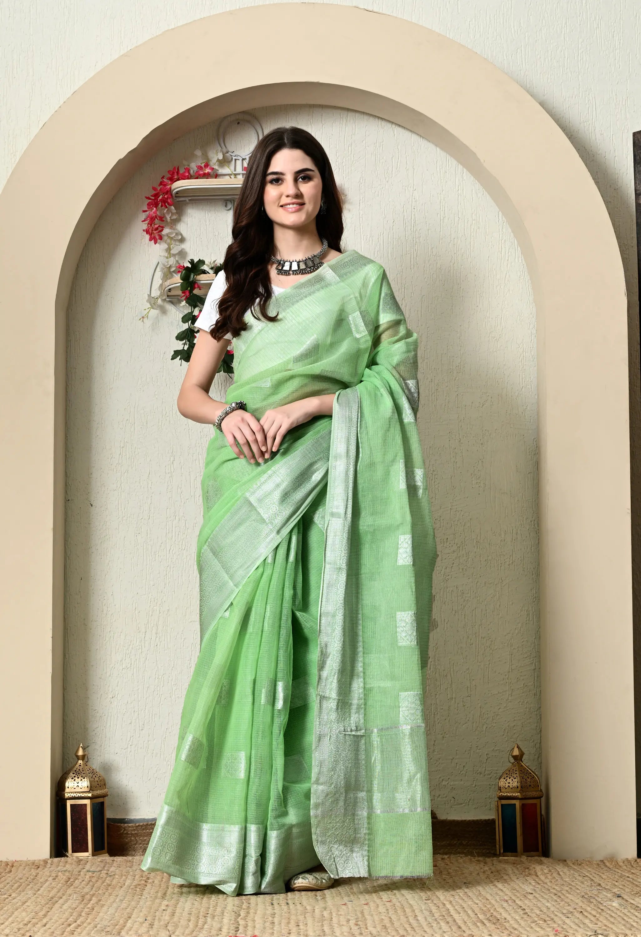 Light Emerald Green Cotton with Elegant Silver Work