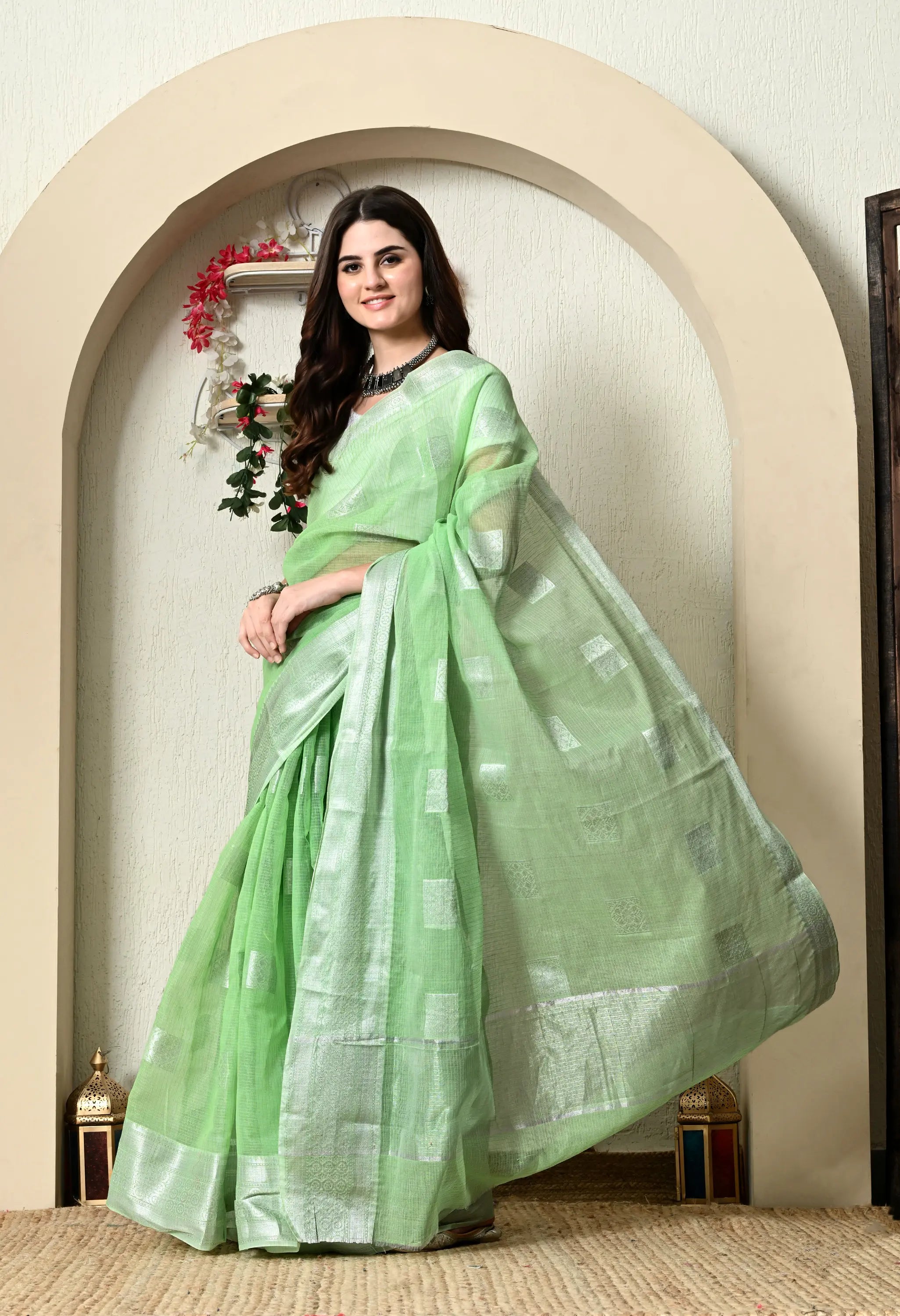 Light Emerald Green Cotton with Elegant Silver Work