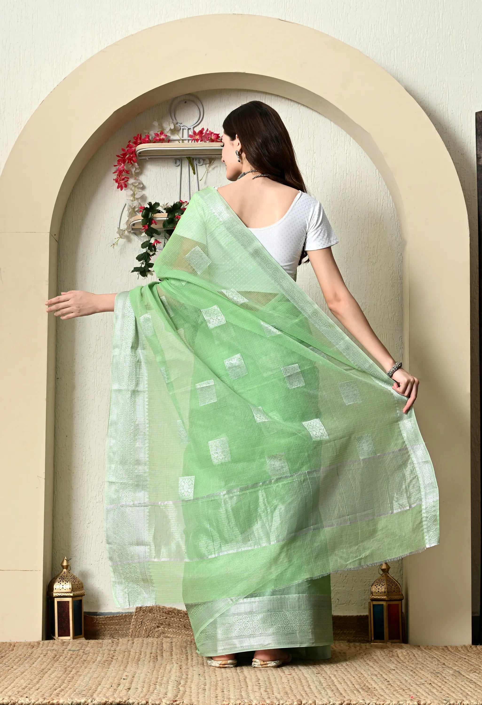 Light Emerald Green Cotton with Elegant Silver Work