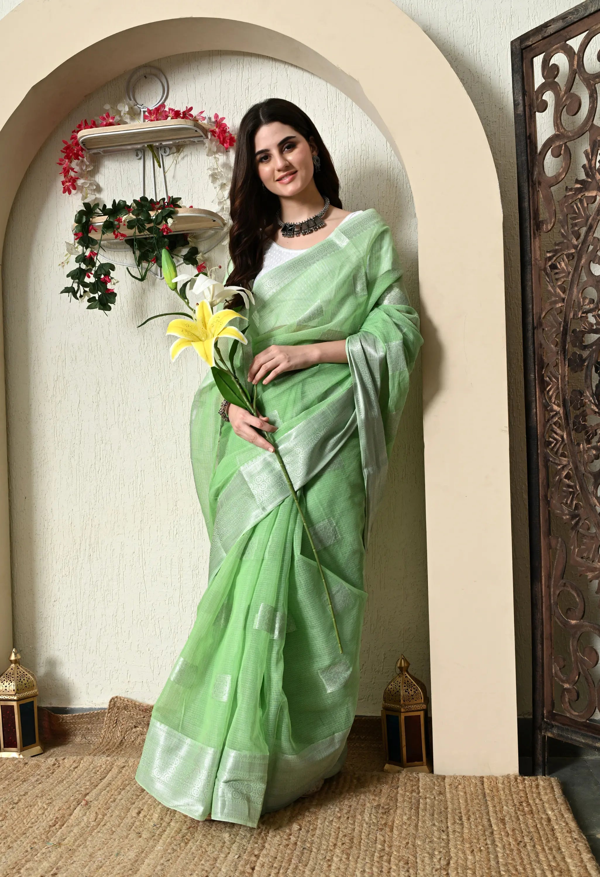 Light Emerald Green Cotton with Elegant Silver Work