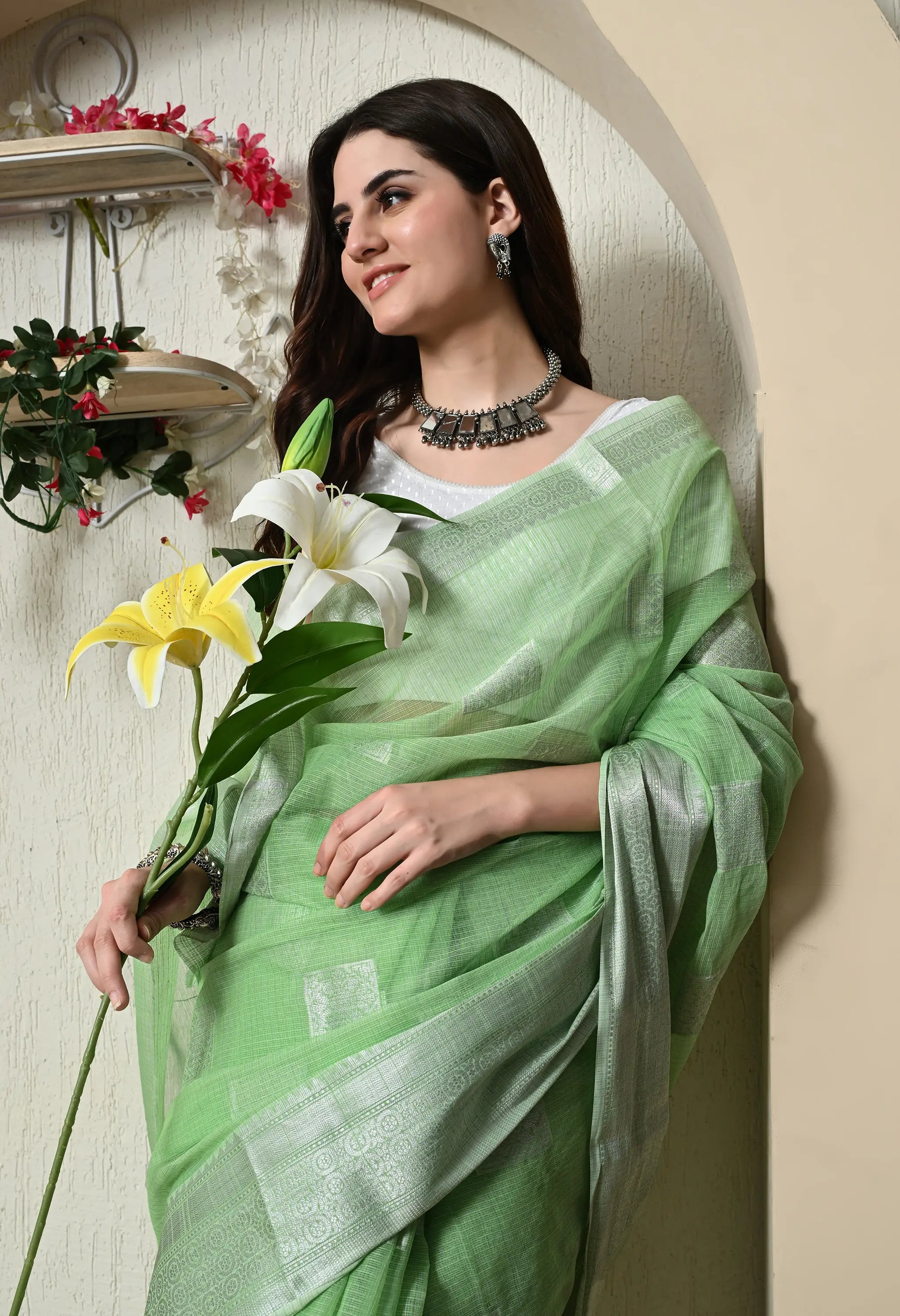 Light Emerald Green Cotton with Elegant Silver Work