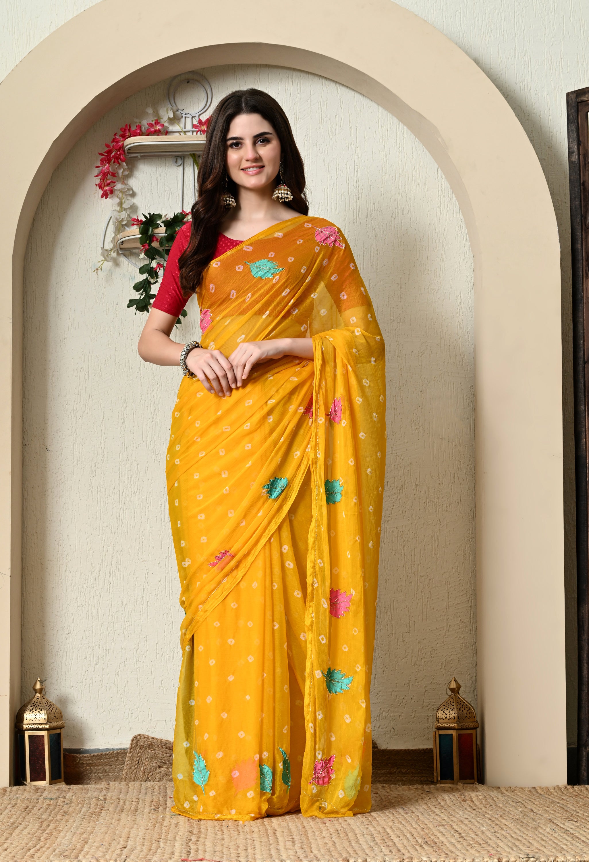 Light Mustard Yellow Chiffon in Jaipur Bandhani Style