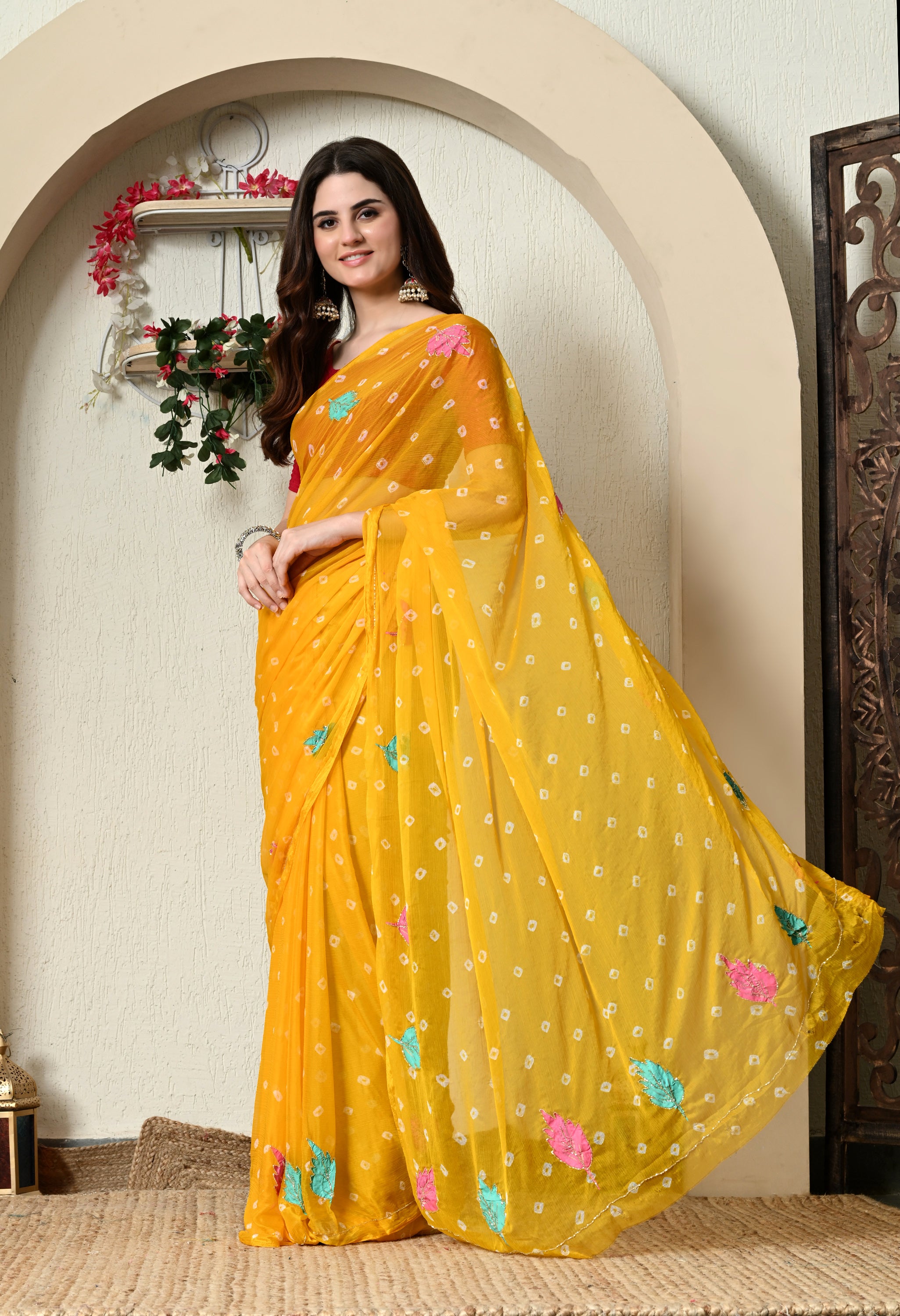 Light Mustard Yellow Chiffon in Jaipur Bandhani Style