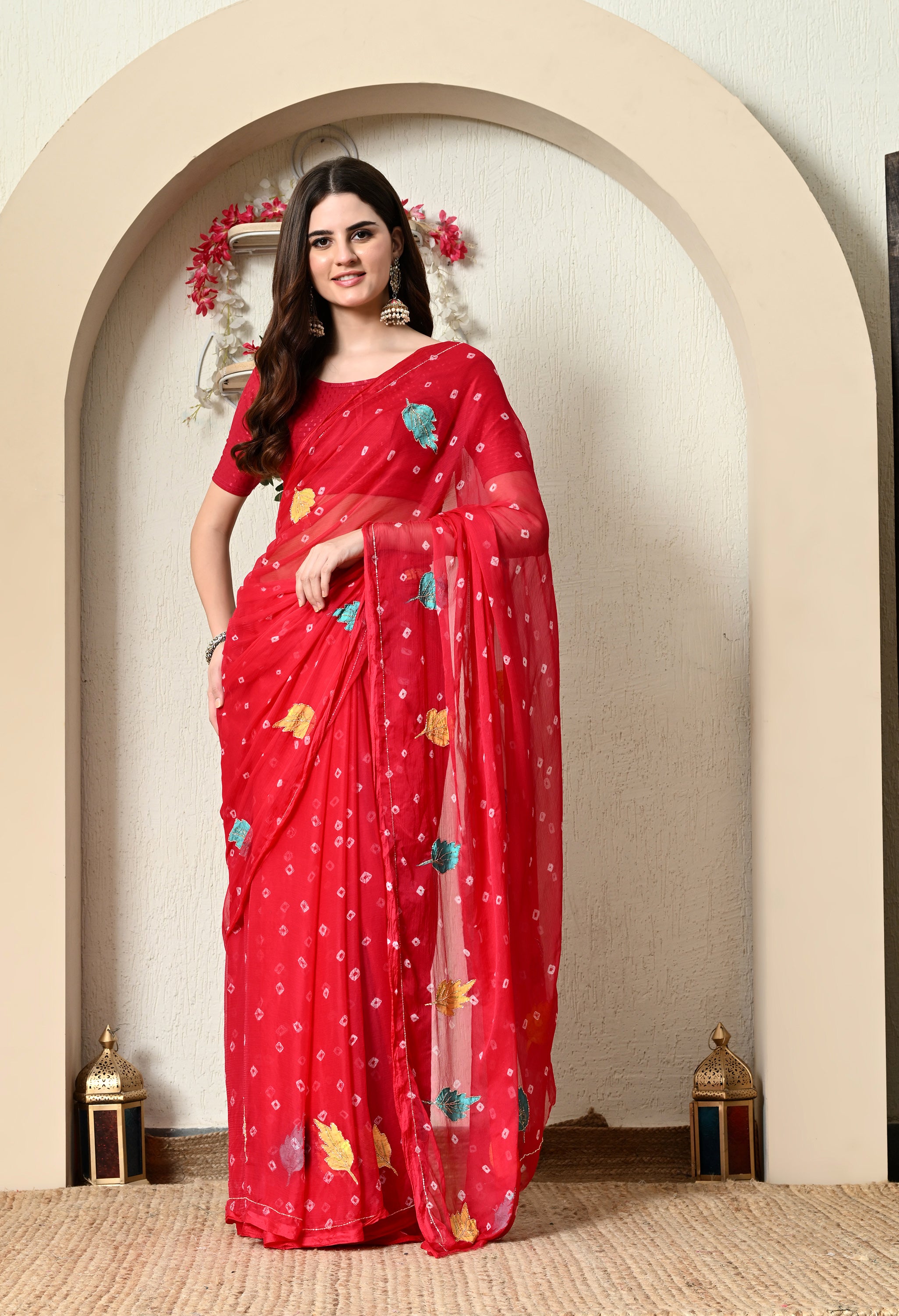 Ruby Red Chiffon in Jaipur Bandhani Style