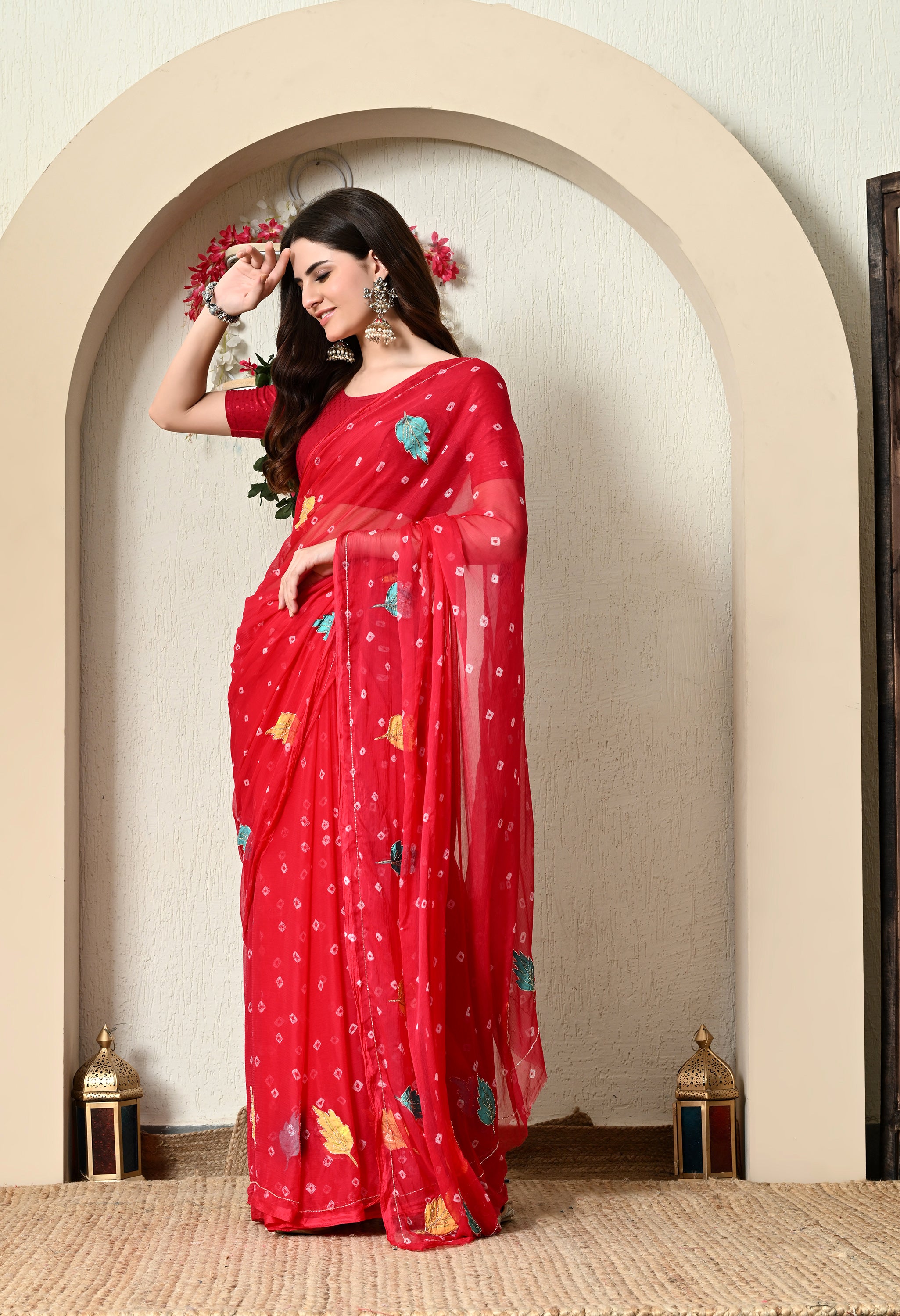 Ruby Red Chiffon in Jaipur Bandhani Style