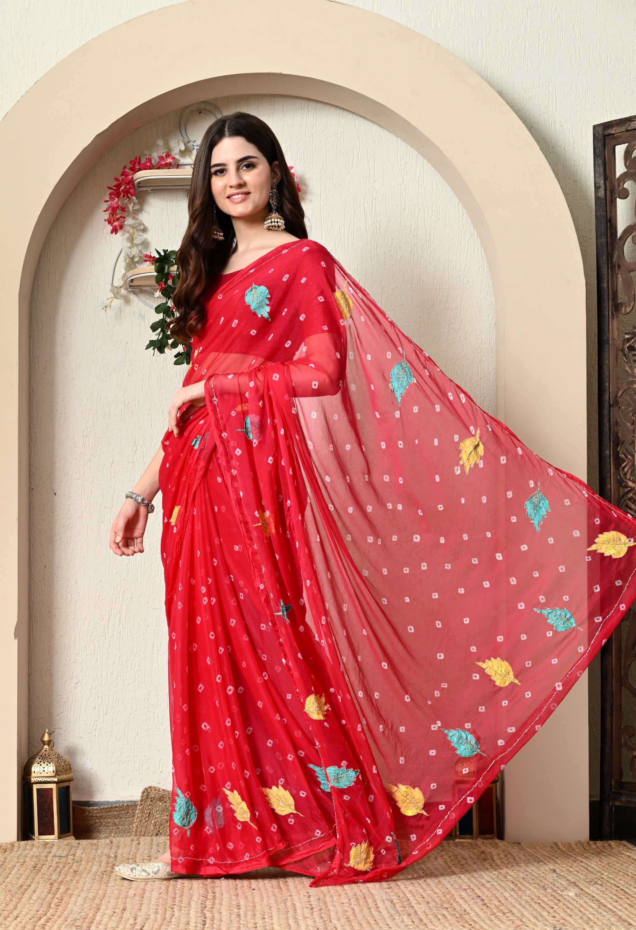 Ruby Red Chiffon in Jaipur Bandhani Style