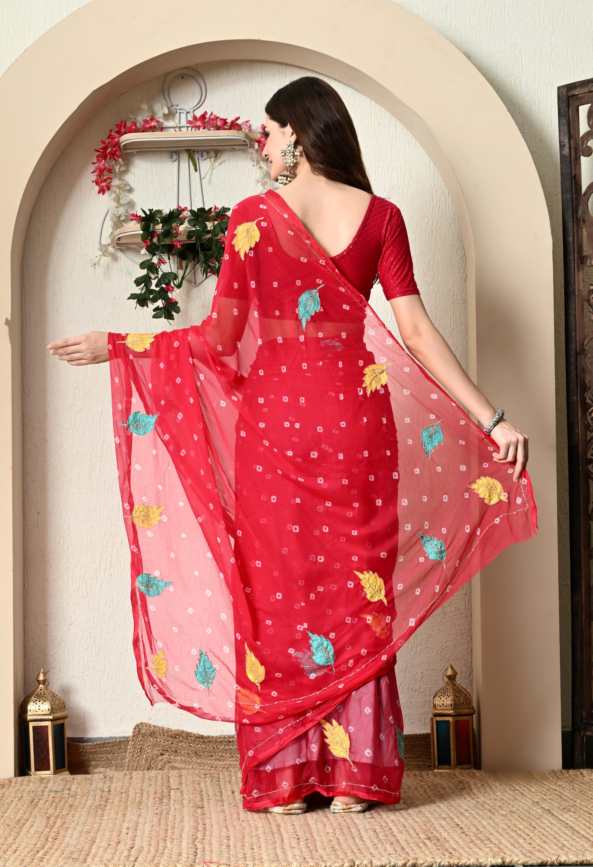 Ruby Red Chiffon in Jaipur Bandhani Style