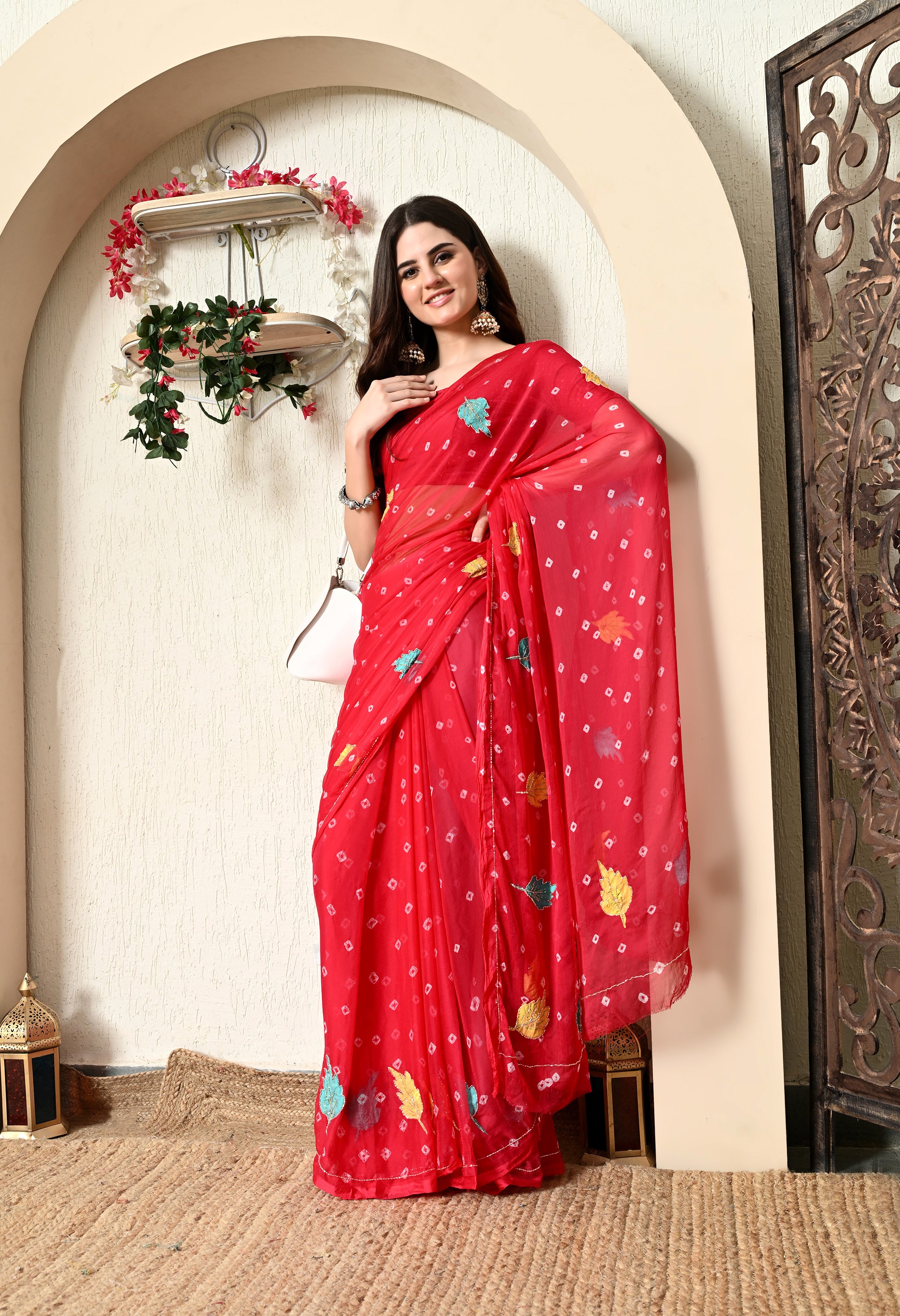 Ruby Red Chiffon in Jaipur Bandhani Style