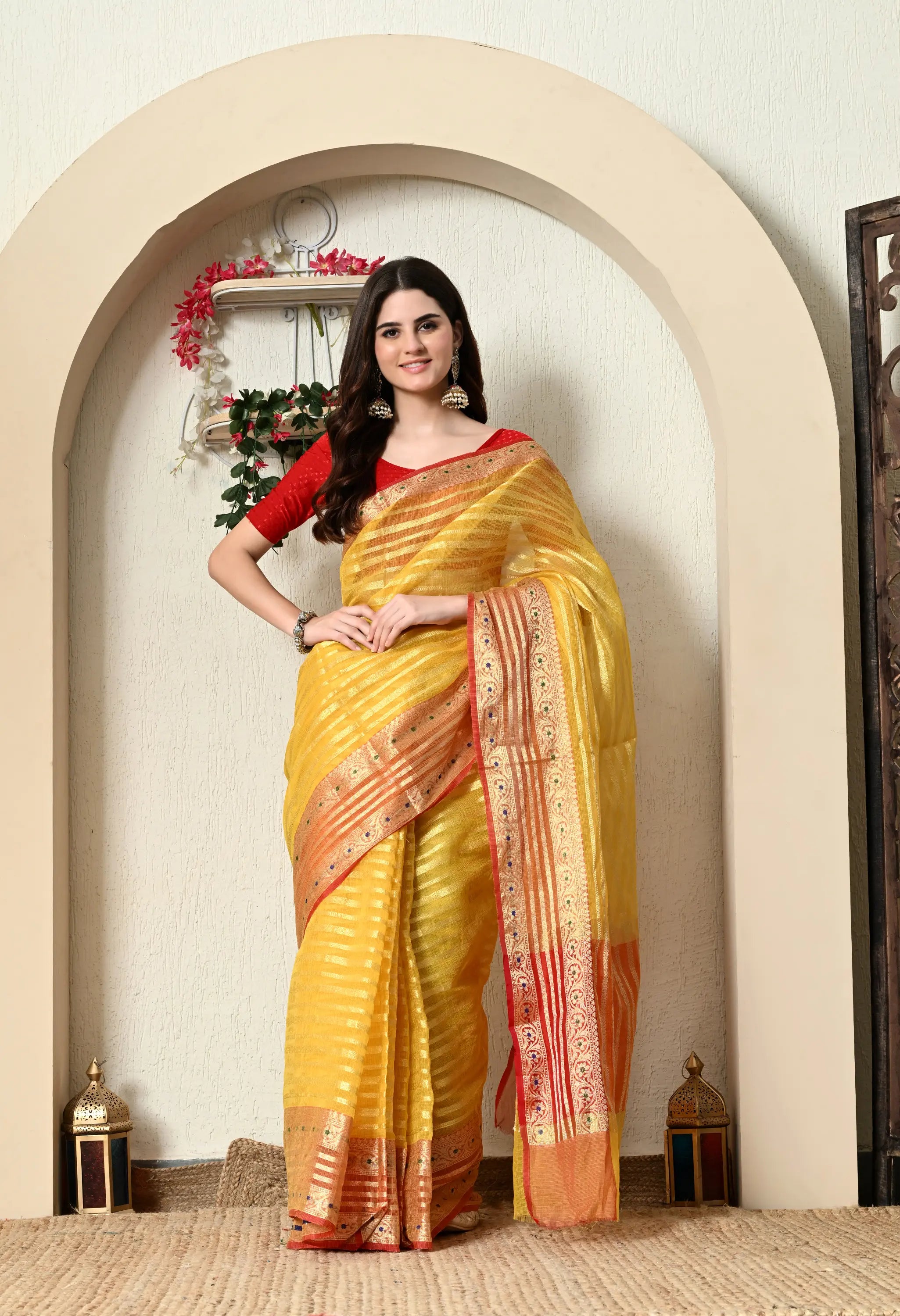 Yellow Cotton Saree with Golden Work