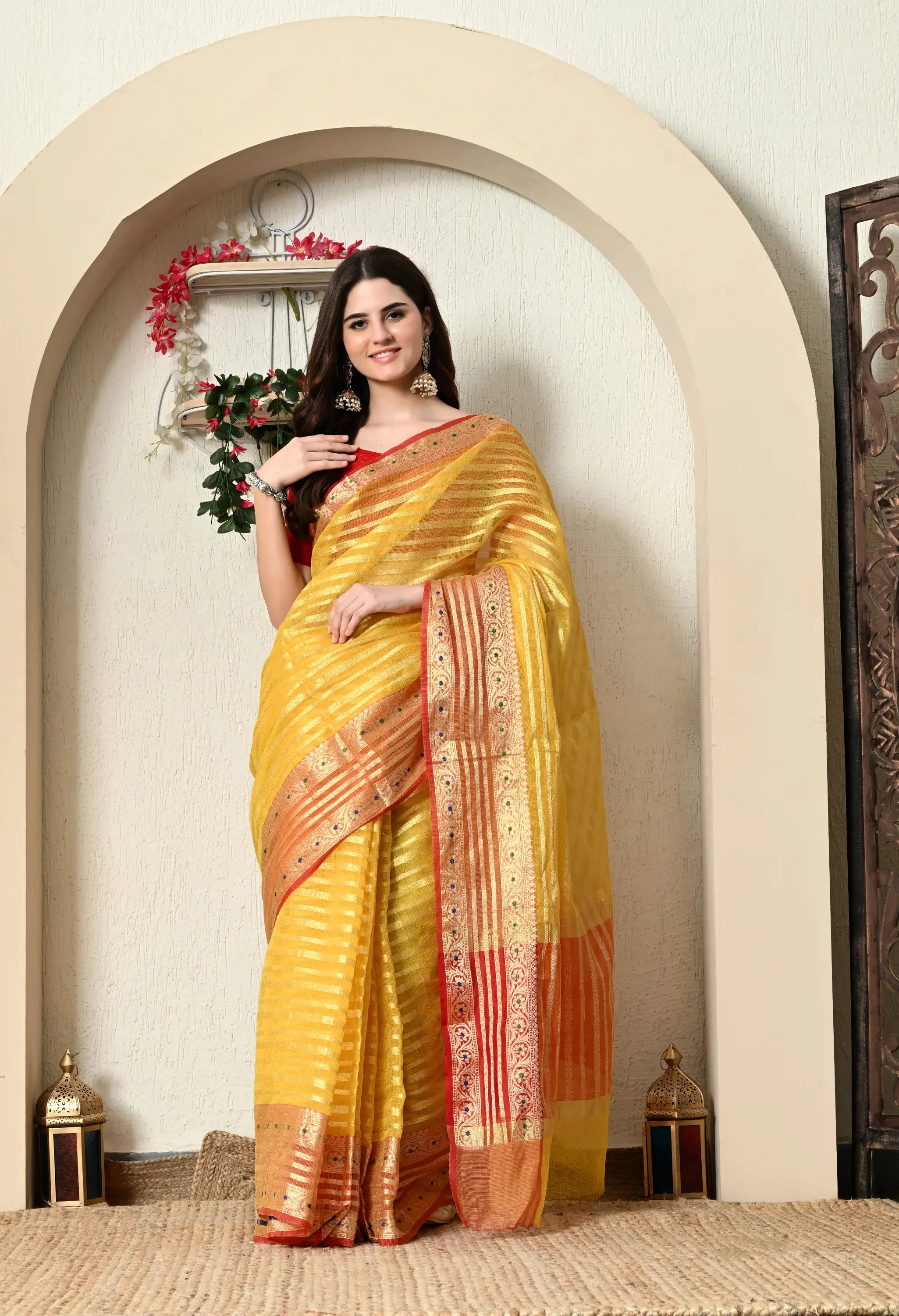 Yellow Cotton Saree with Golden Work