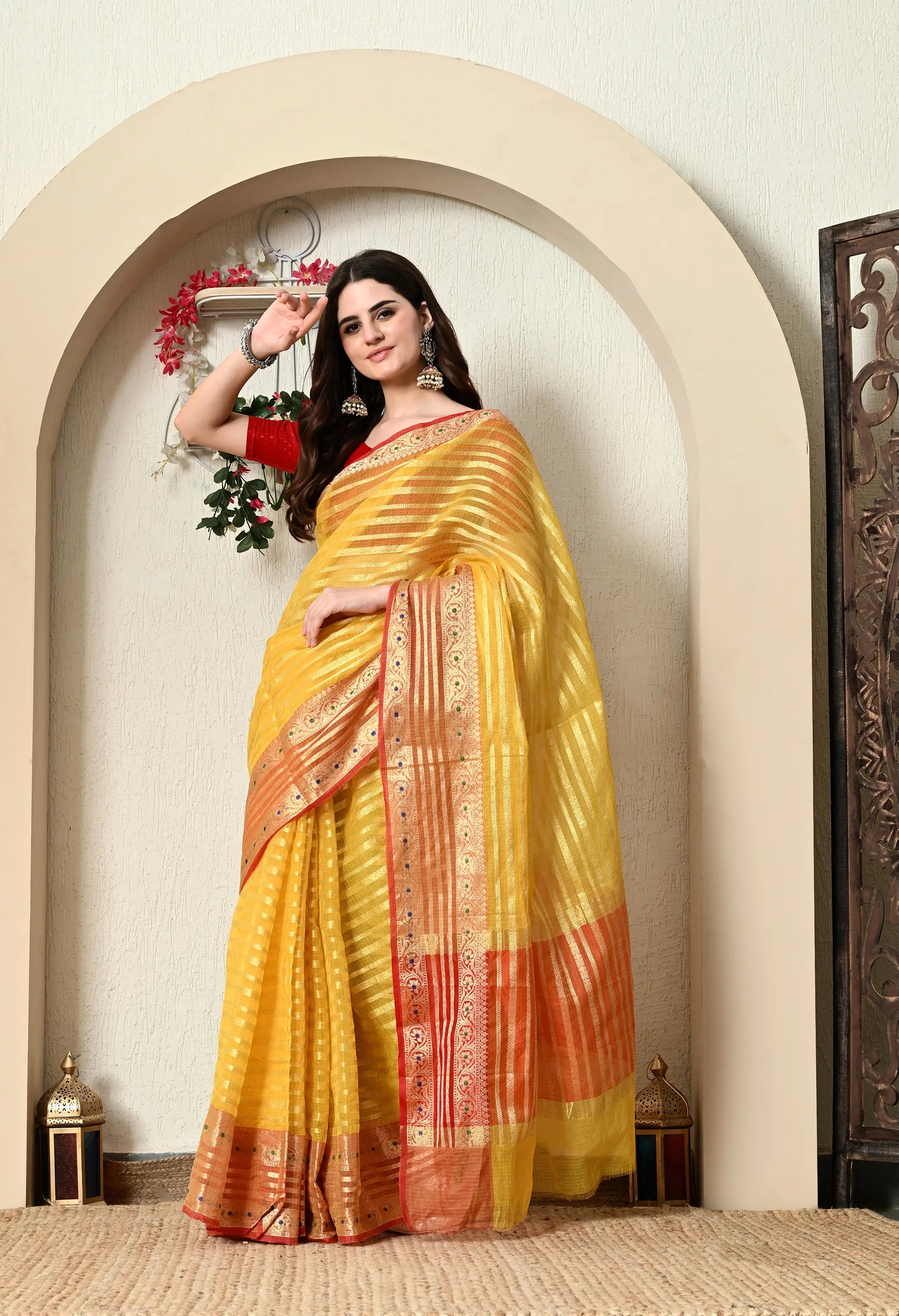 Yellow Cotton Saree with Golden Work