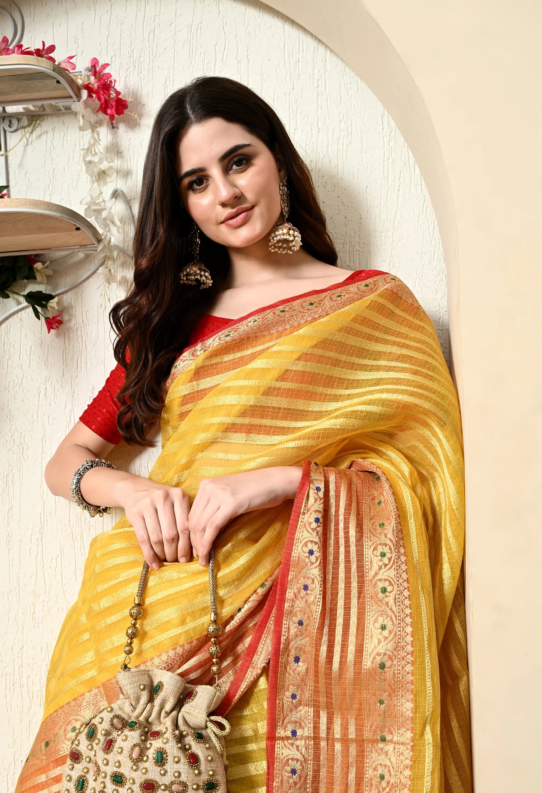 Yellow Cotton Saree with Golden Work