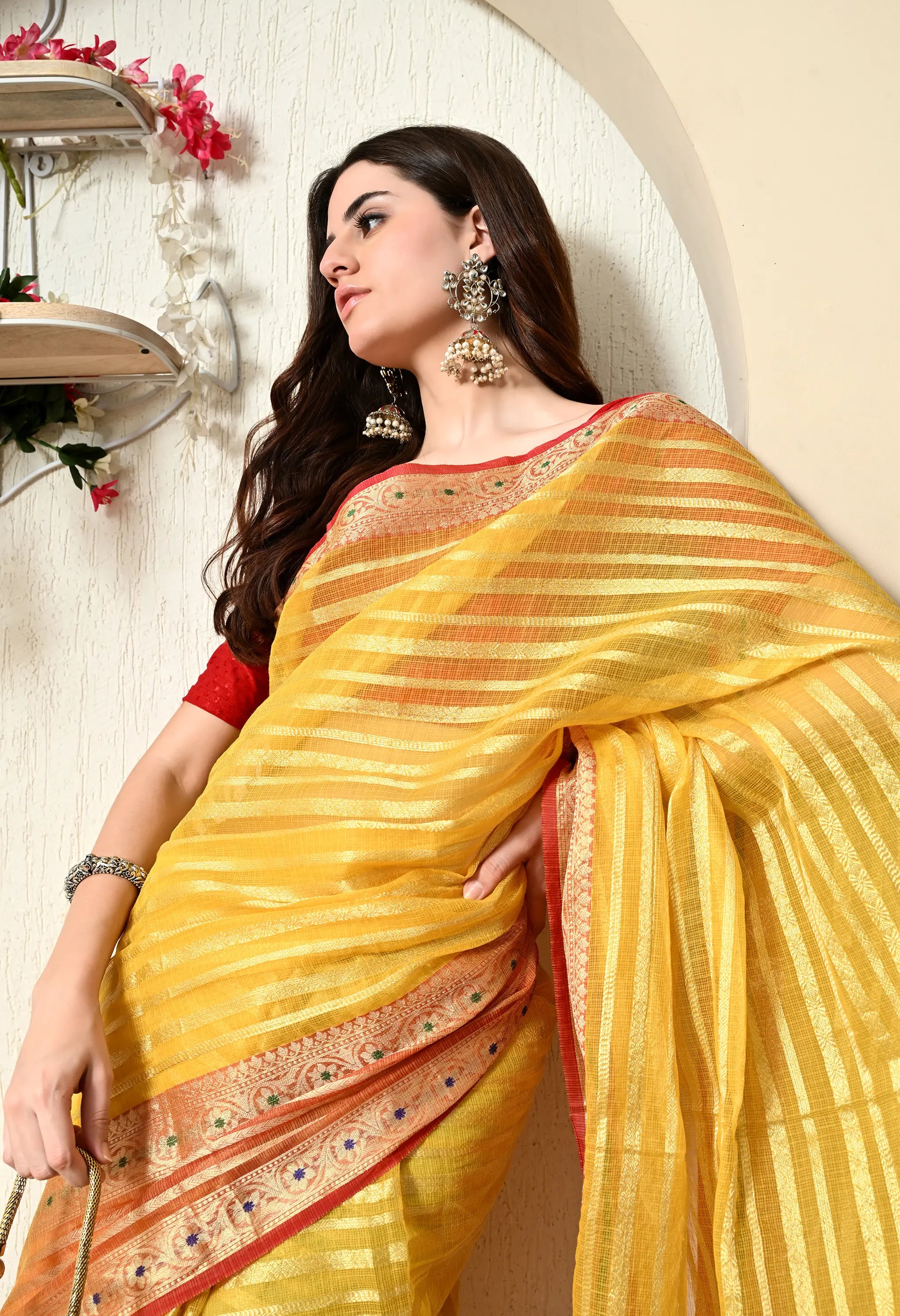 Yellow Cotton Saree with Golden Work