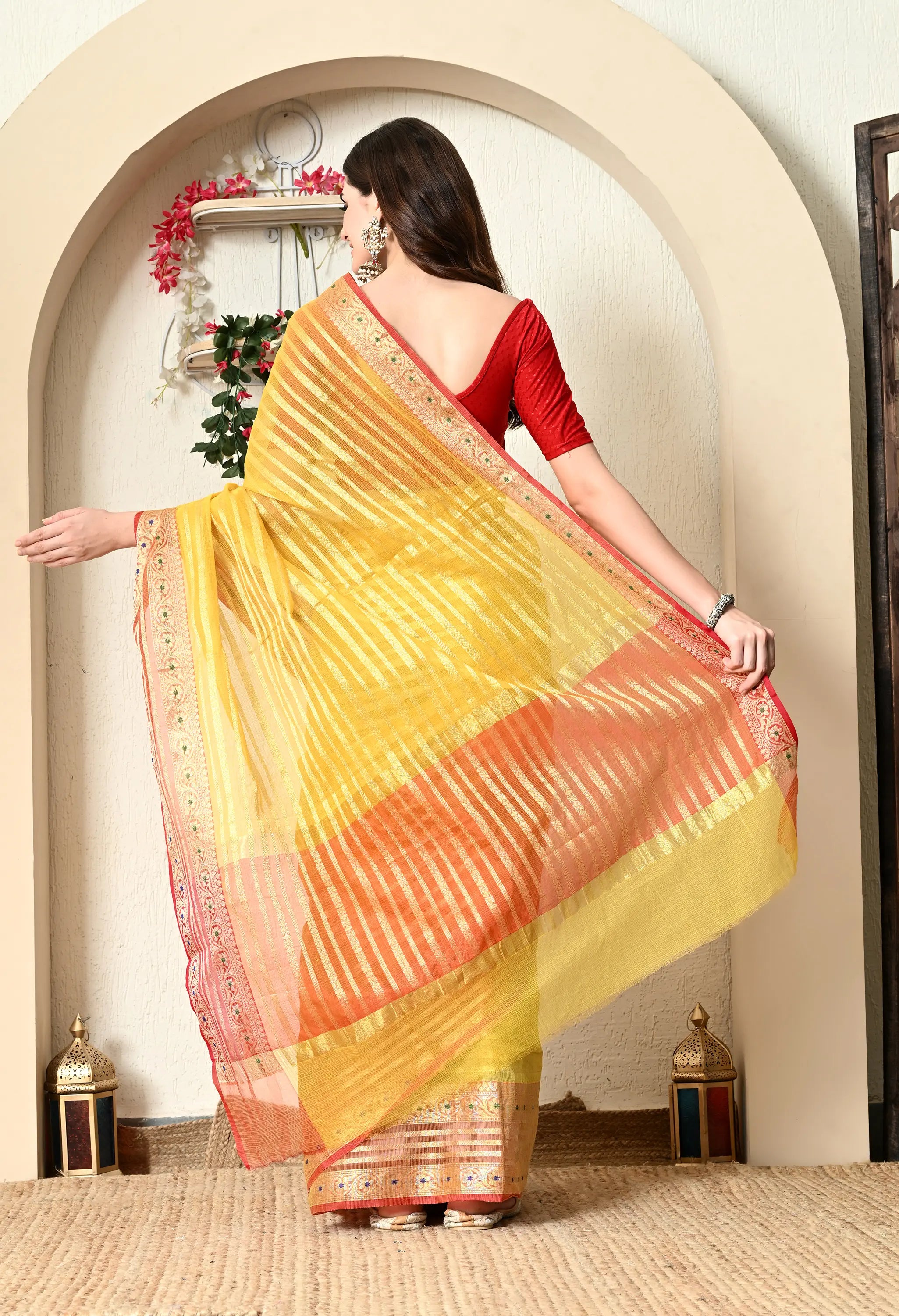 Yellow Cotton Saree with Golden Work